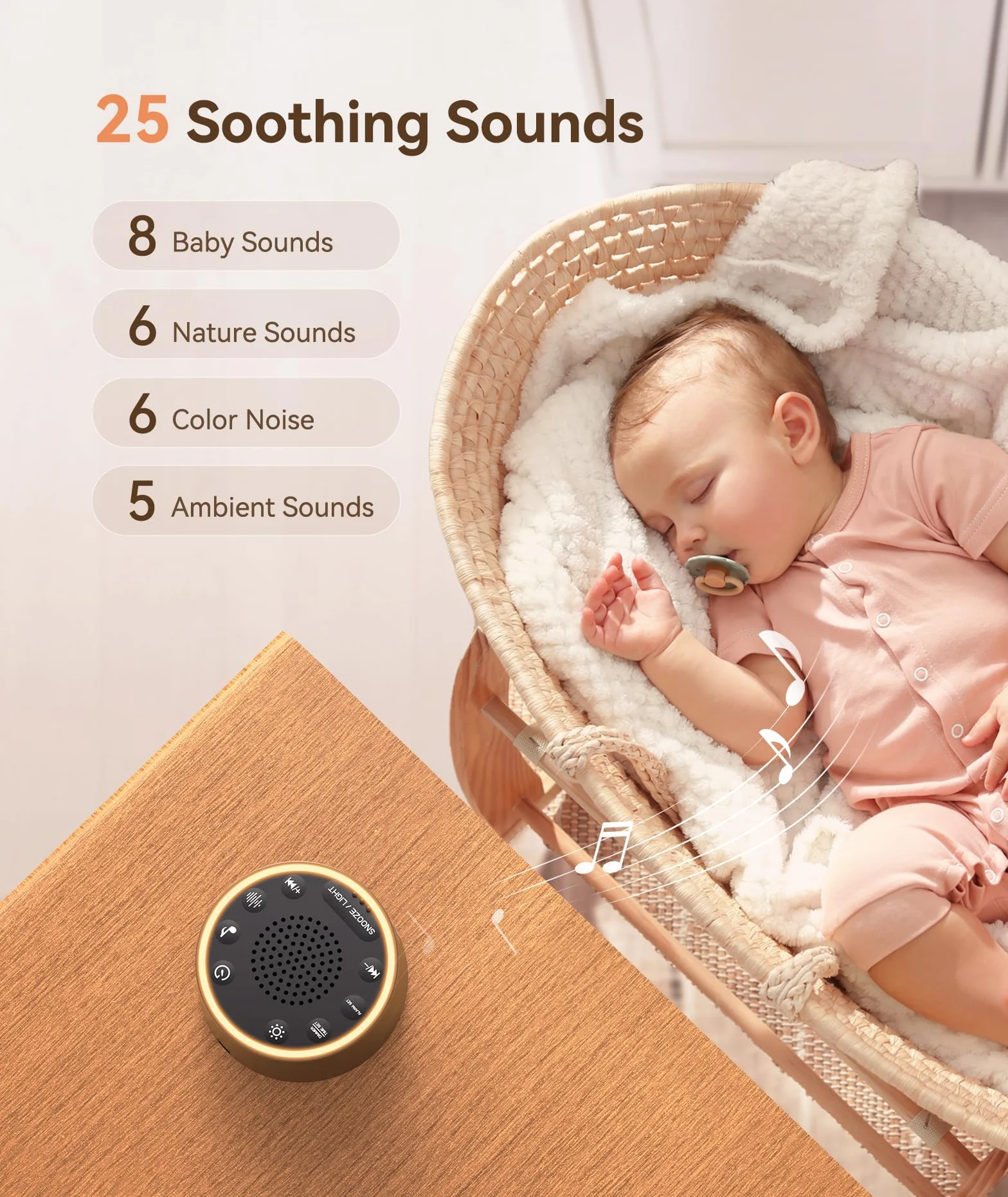 Dreamegg White Noise Machine - D1 Nova biały szum dla niemowląt i dorosłych, 25 uspokajających dźwięków, 10 lampek nocnych, przyciemniany wyświetlacz, budzik bez telefonu dla sypialni, idealna pomoc