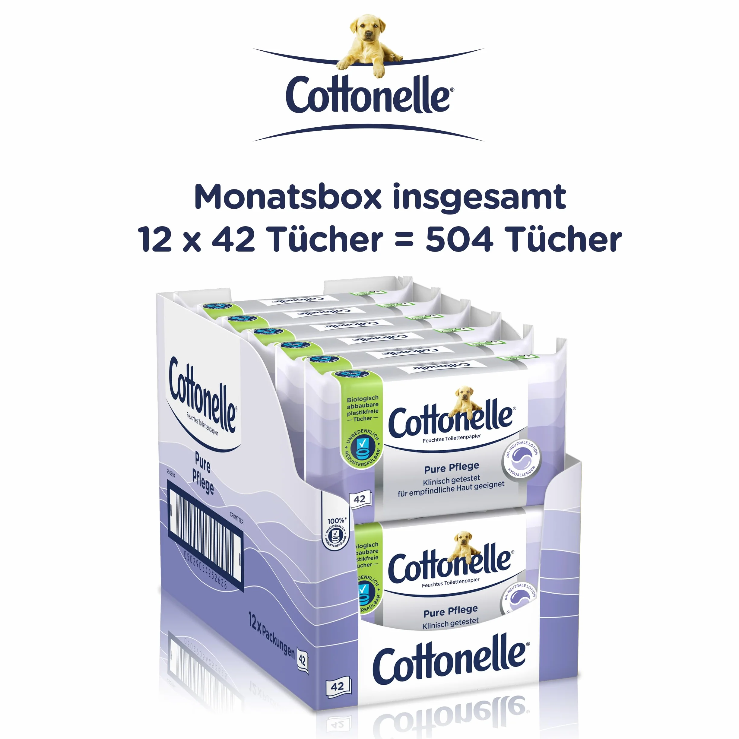 Cottonelle Mokry papier toaletowy Pure Pielęgnacja, ultra czuły, 99% wody, 12 x 42 chusteczki, bezzapachowy i hipoalergiczny