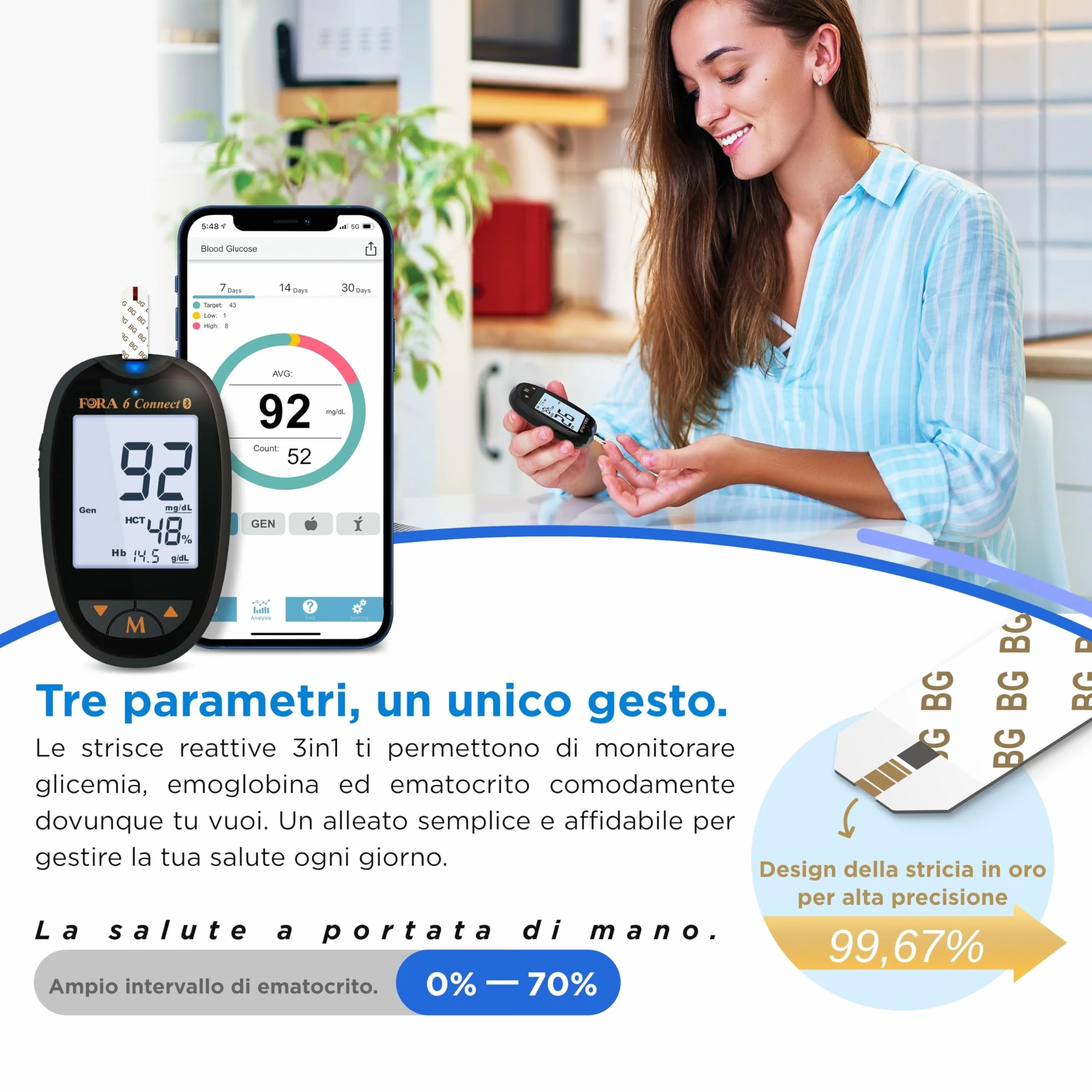 FORA Mg/dl urządzenie do pomiaru cukru we krwi (mg/dl) zestaw 25 sztuk, pakowane pojedynczo paski do pomiaru cukru we krwi, hematotyny i hemoglobiny (3 w 1: BG, HCT, HB)*2