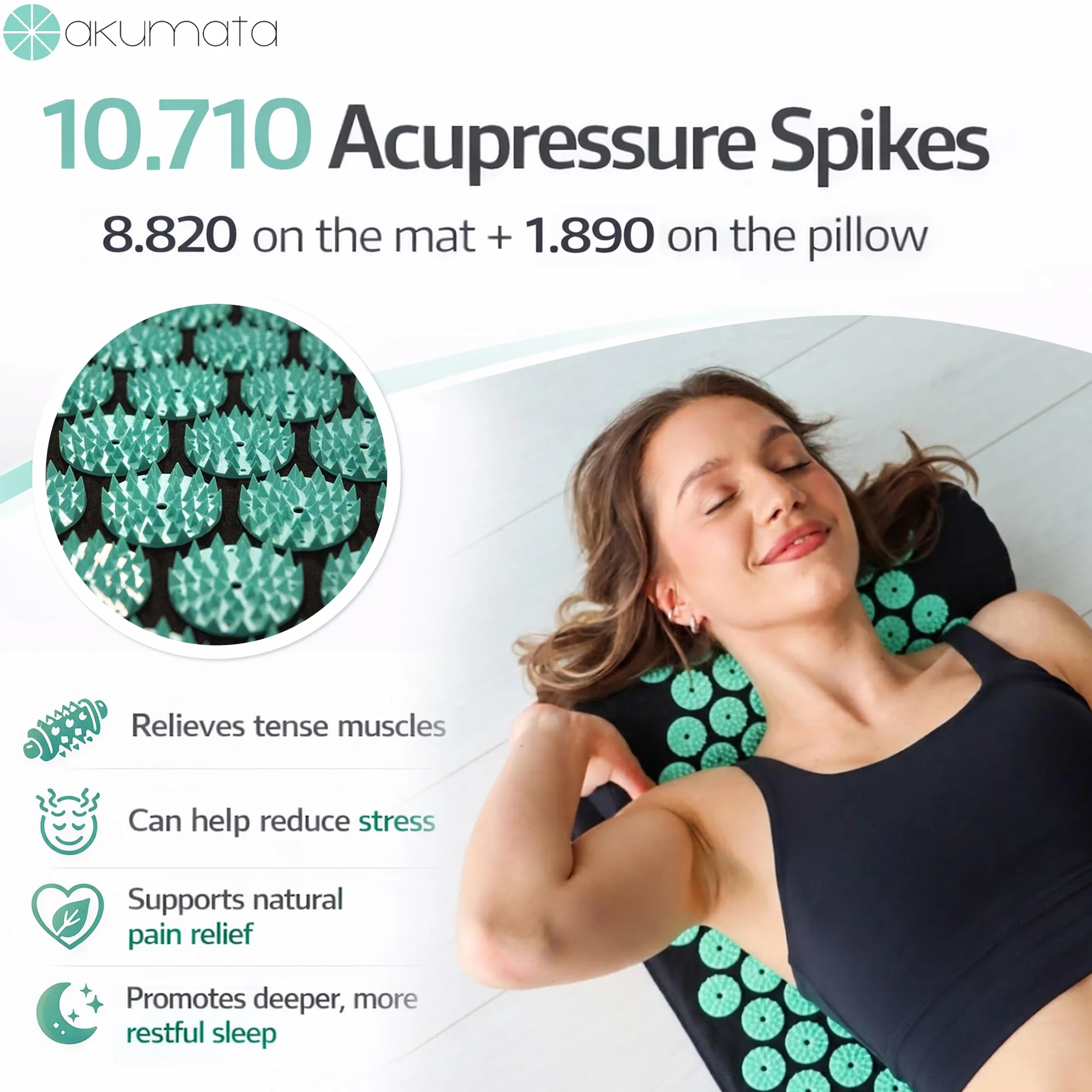 Acupressure Mat and Pillow Set Regular Size Massage Mat for Lower Back Pain Relief Neck Pain Relief Deep Relaxation Acupuncture Black Mint