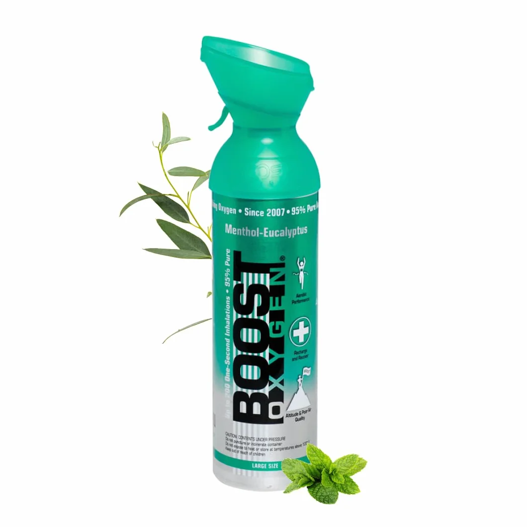 Czysty tlen w puszce 9 litrów MENTOLOWY EUKALIPTUS naturalny 95% czystego tlenu przenośny pojemnik 150 inhalacji