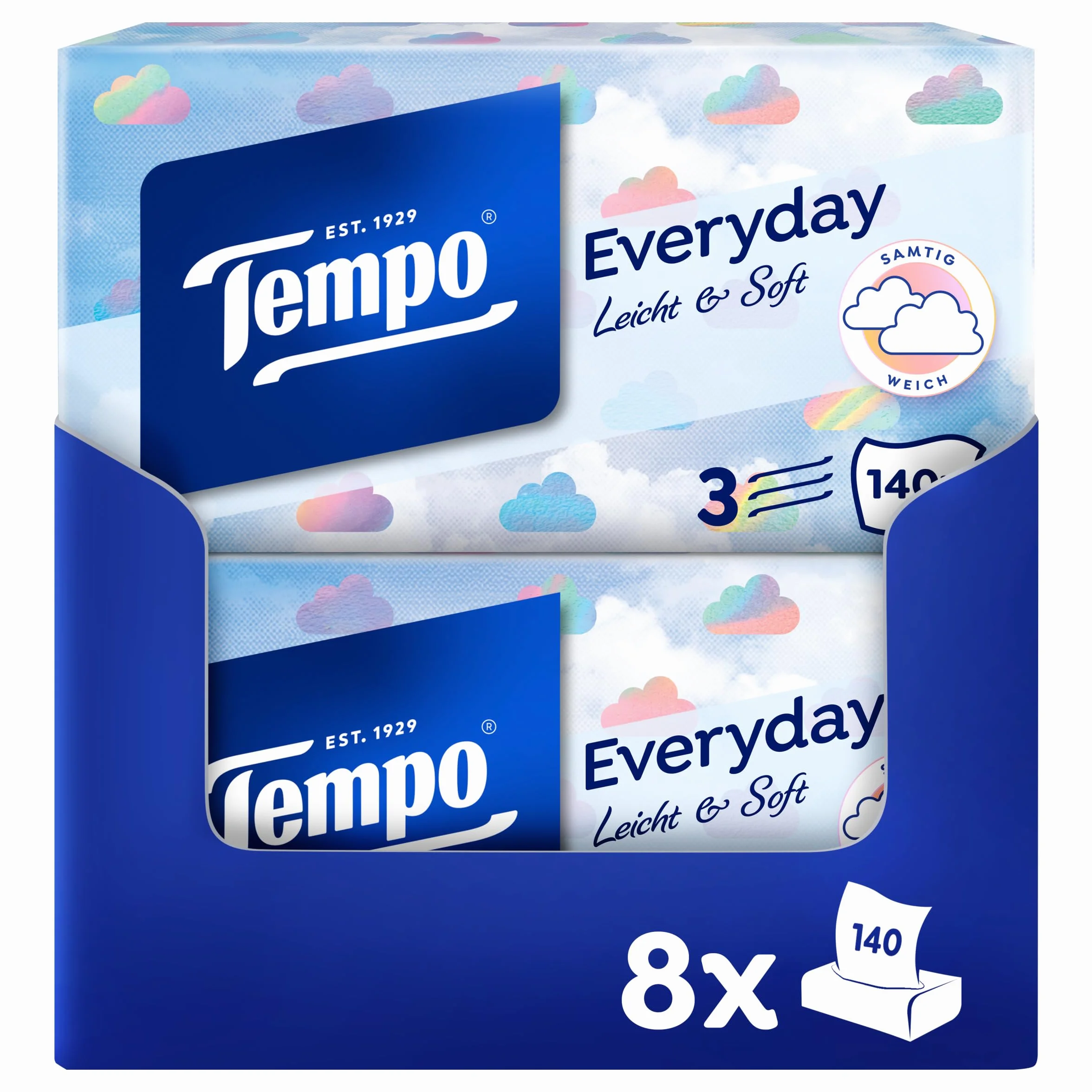 Tempo Chusteczki higieniczne XXL Light Box 8 pudełek 140 chusteczek miękkie papierowe