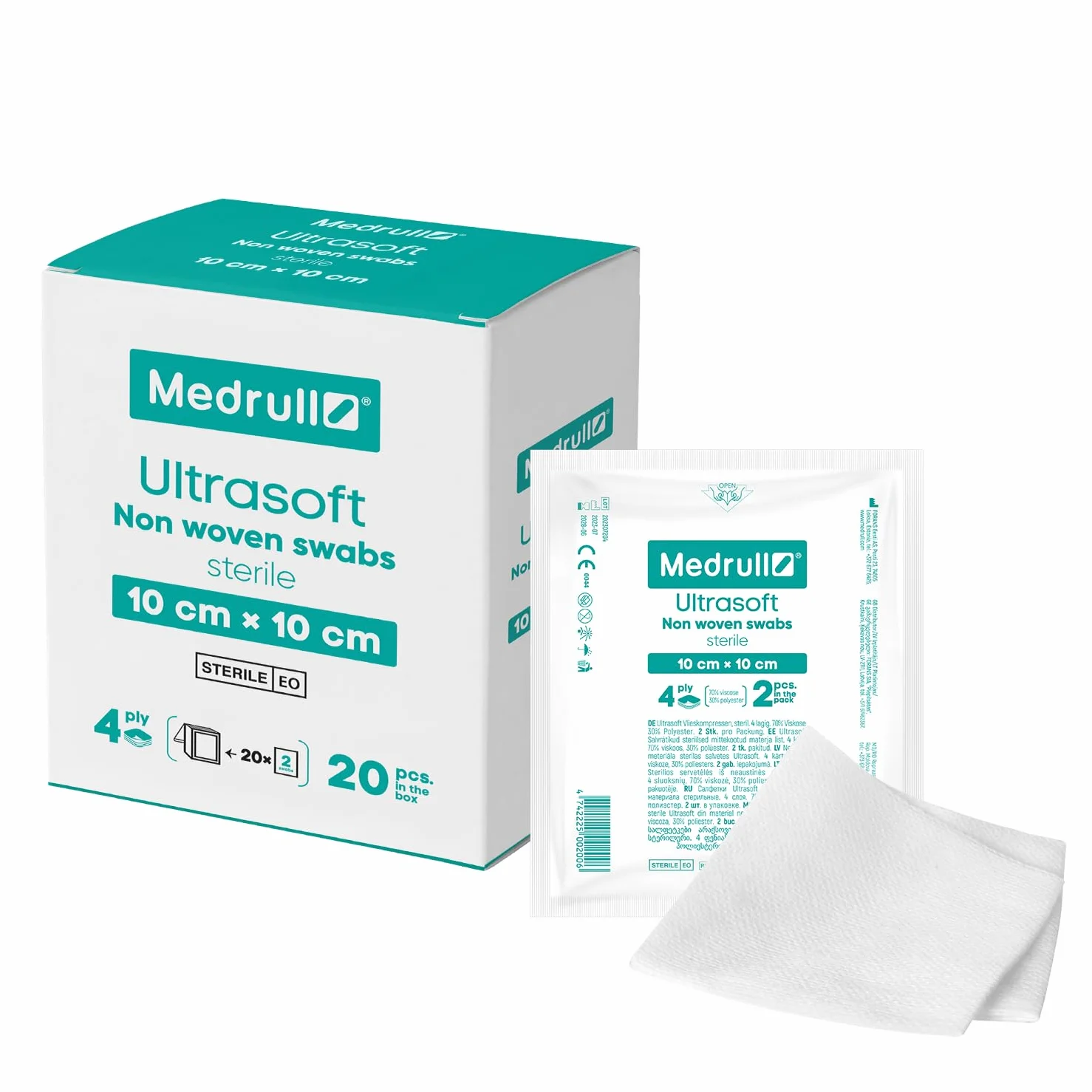 Medrull Kompresy nietkane STERIL ULTRASOFT nakładki na rany, 4-warstwowe, 10 x 10 cm, zapakowane 2 sztuki - 20 torebek papierowych (40 sztuk)