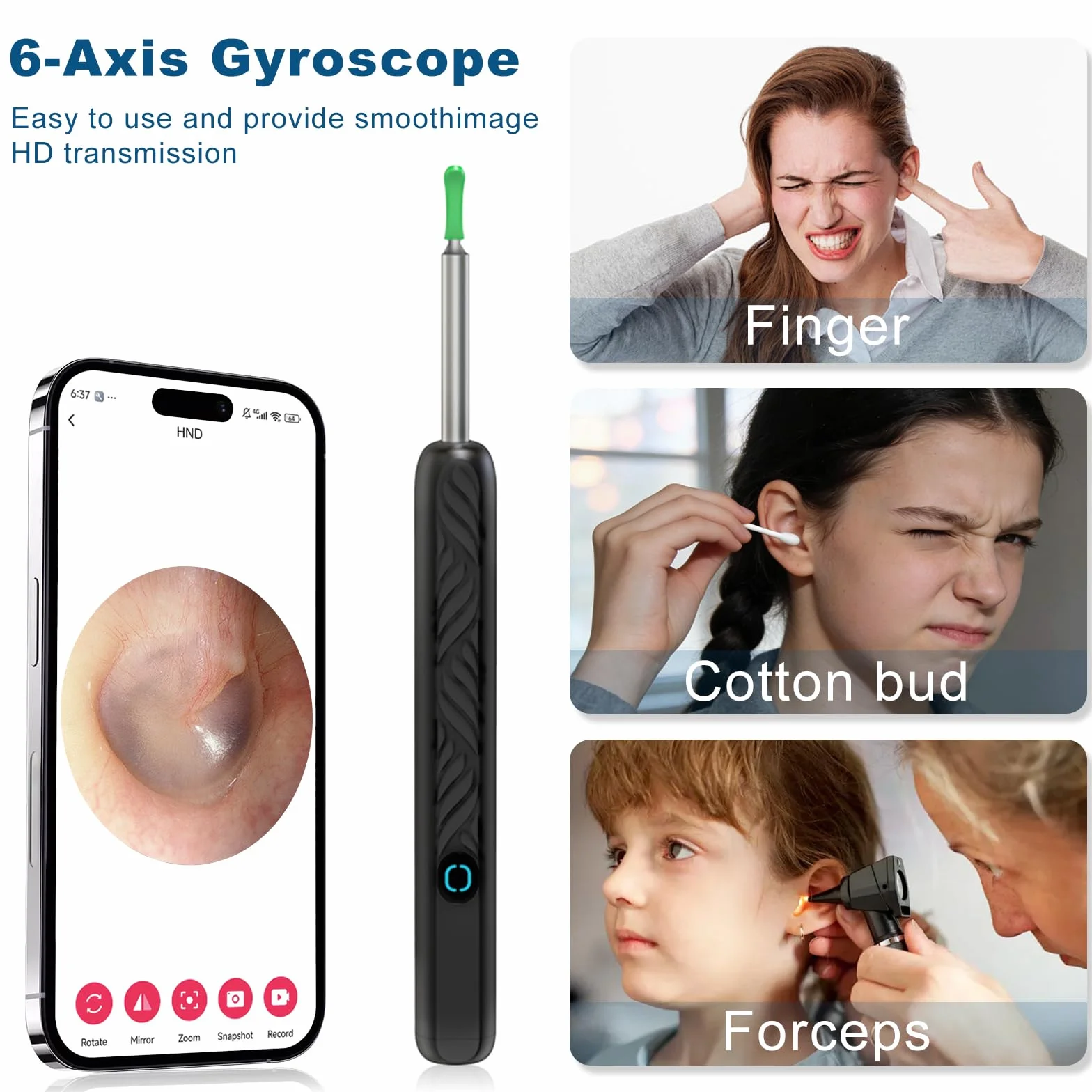 Otoskop do usuwania woskowiny, 1080p HD, WiFi, urządzenie do czyszczenia uszu z aparatem, otoskop z 6 diodami LED, wodoszczelność IP67, do otoskopu, do smartfonów z systemem iOS, Android