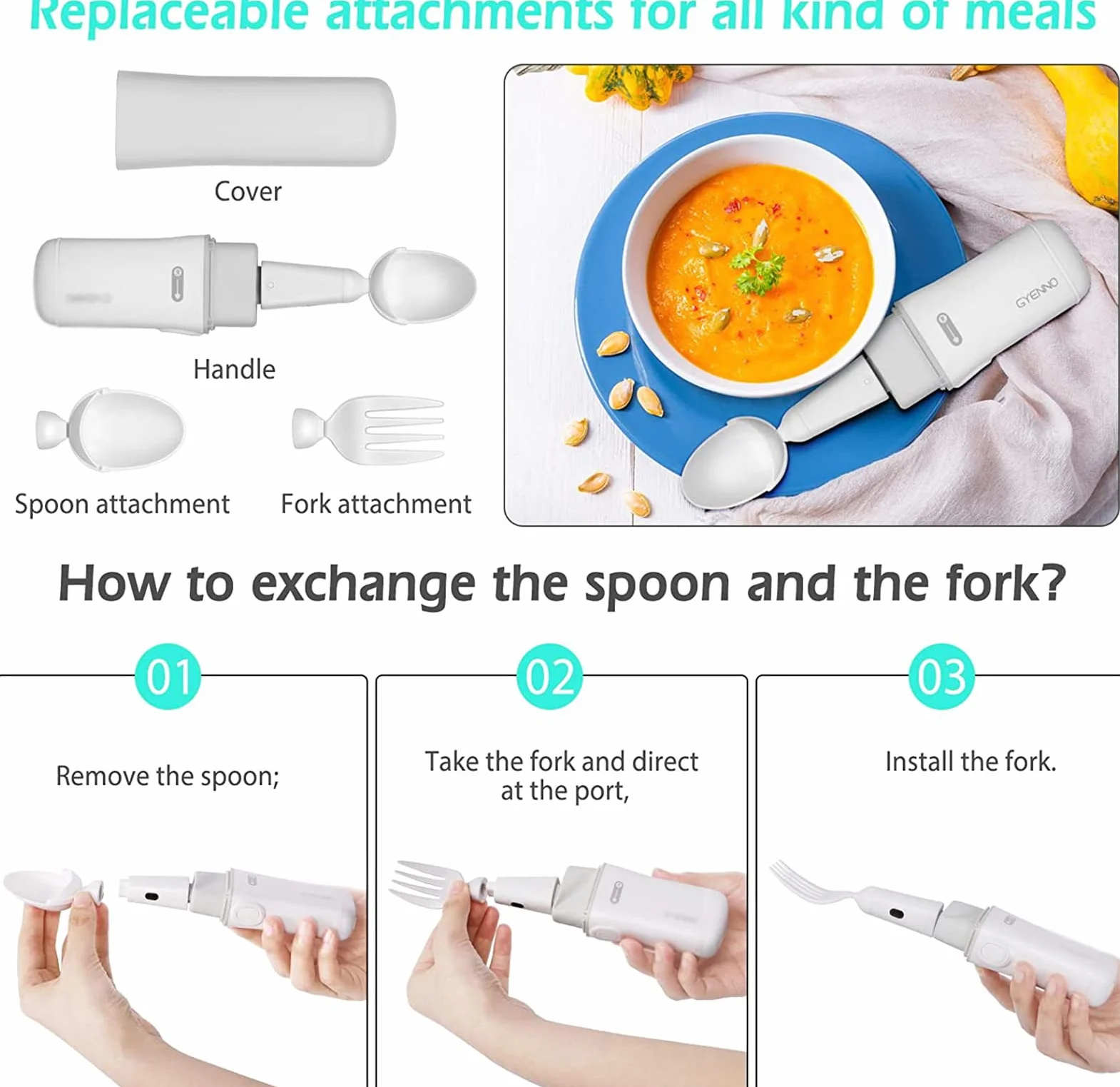 Łyżka Parkinsona składana z samostabilizującym inteligentnym zestawem do podnoszenia dla pacjentów z drżeniem rąk