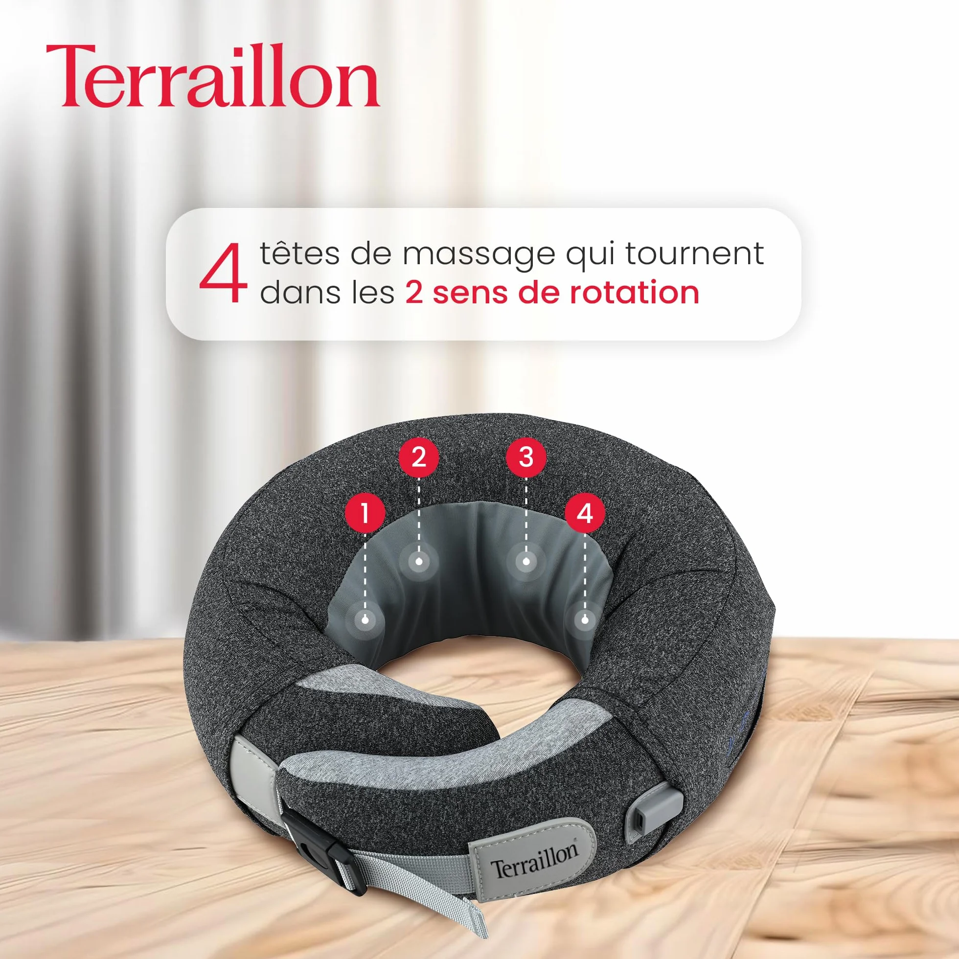 TERRAILLON - MASAŻER NECK, poduszka do masażu szyi i szyi, masaż Shiatsu, 3 prędkości masażu, 2 kierunki obrotów, opcja ogrzewania, regulowany pasek, USB-C