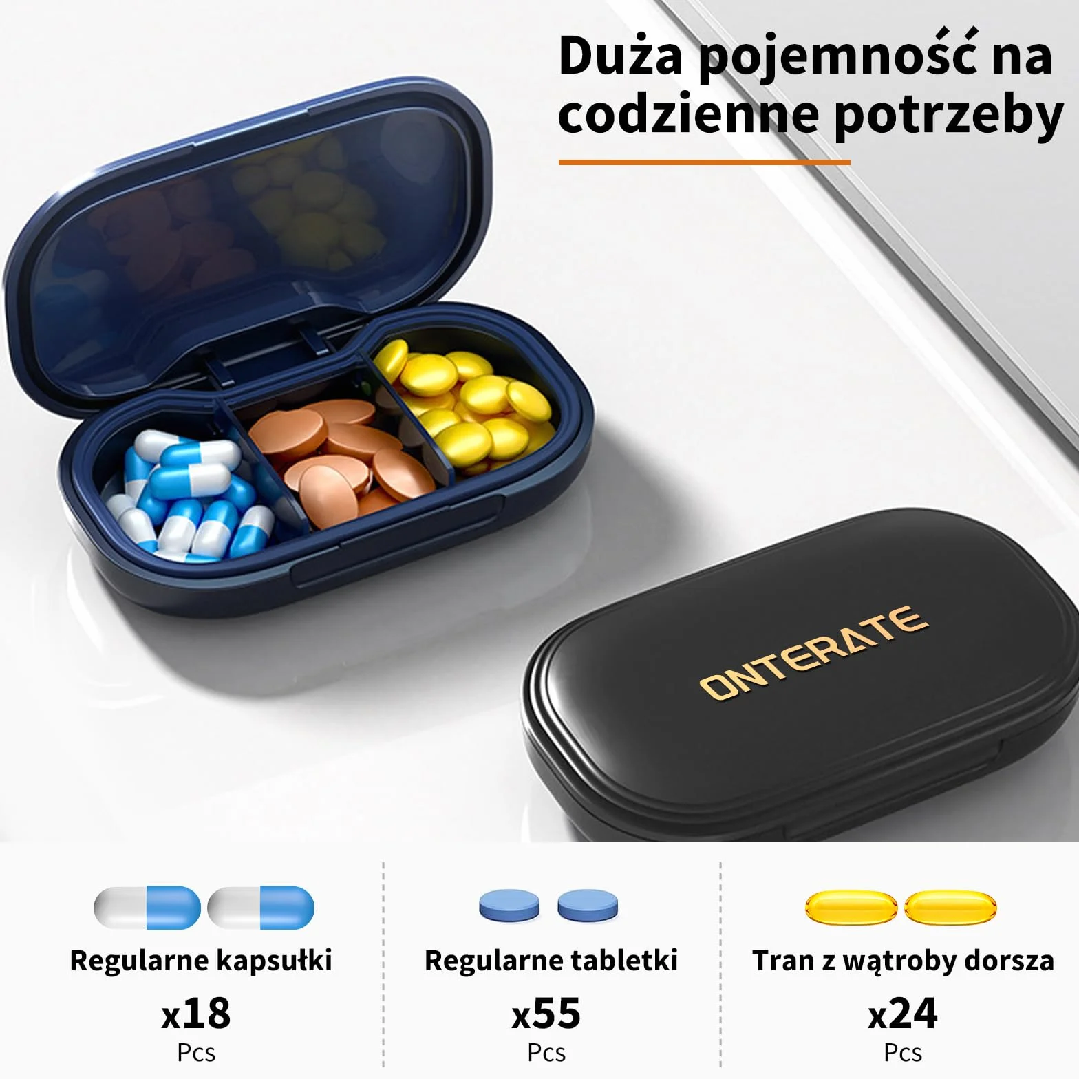 ONTERATE Małe Pudełko na Tabletki, 3 Komorowe Etui na Tabletki do Torebki, Wyjmowany Organizer Podróżny na Tabletki, Wodoodporny Mini Pojemnik na Tabletki, Organizer na Leki i Witaminy (Czarny)