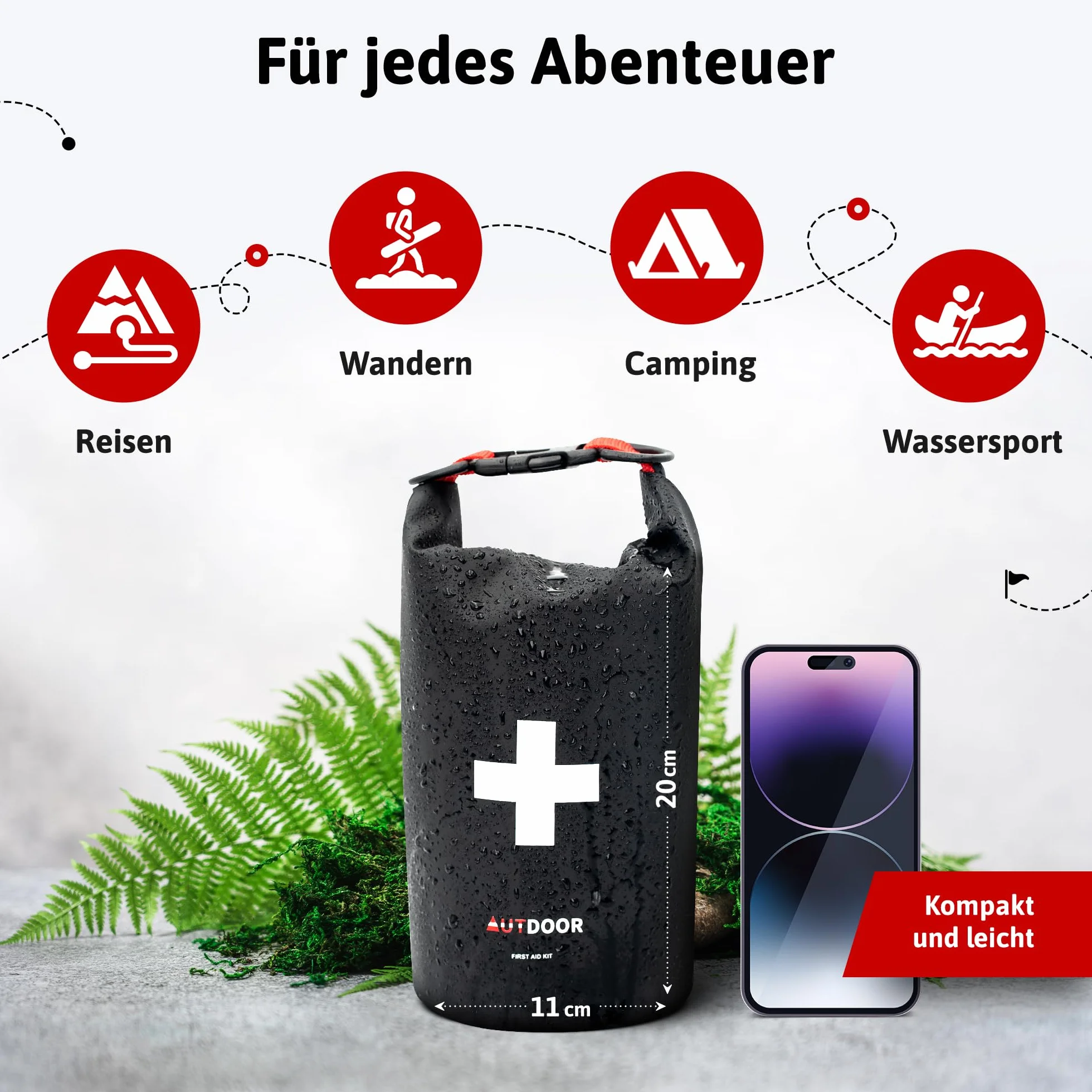 AUTDOOR® Zestaw pierwszej pomocy do użytku na zewnątrz – DIN13167 – wodoszczelny i lekki – opracowany przez lekarzy – apteczka na wędrówki, wspinaczkę, sporty wodne
