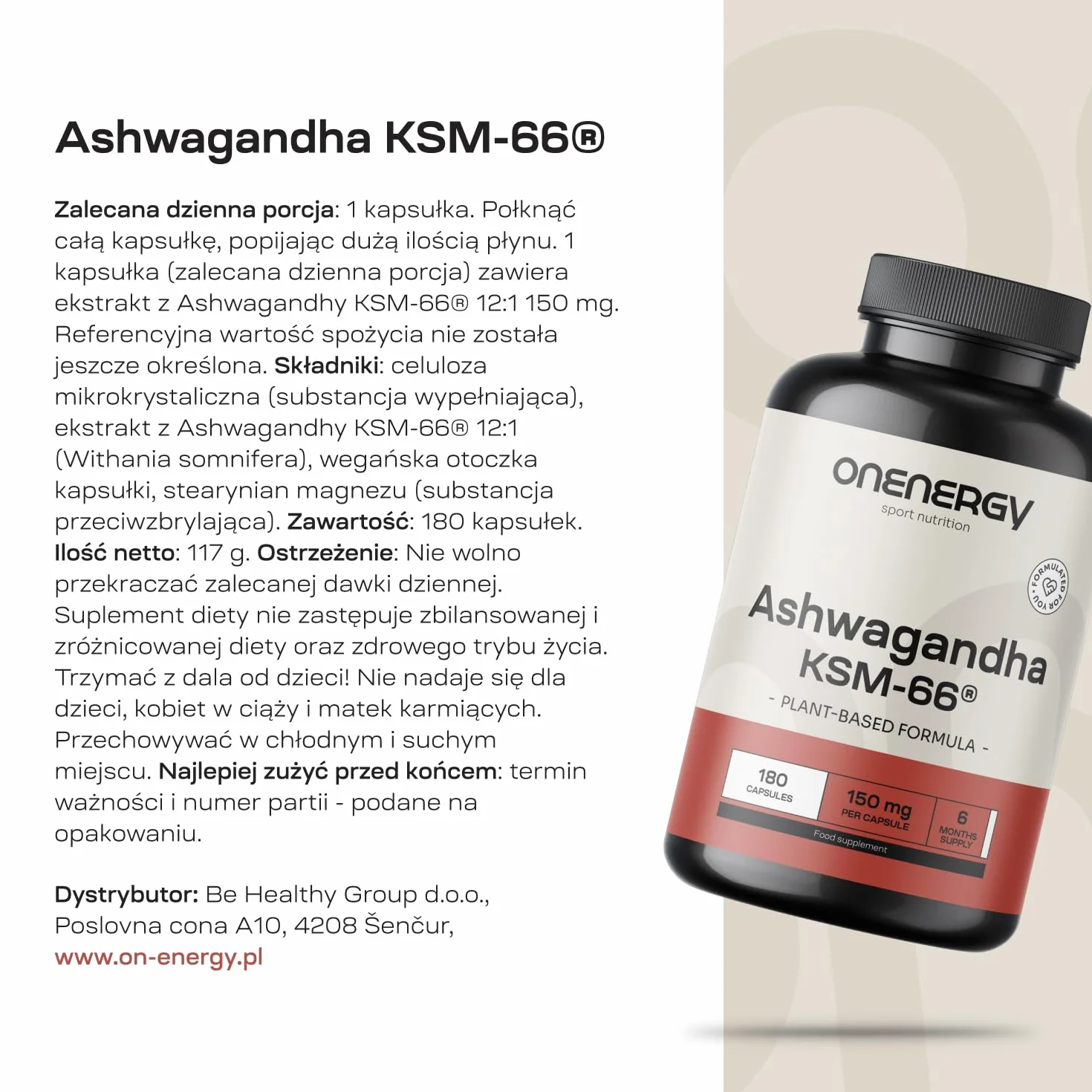Ashwagandha KSM-66 180 Kapsułek Roślinnych Withania somnifera Wysoko Skoncentrowany
