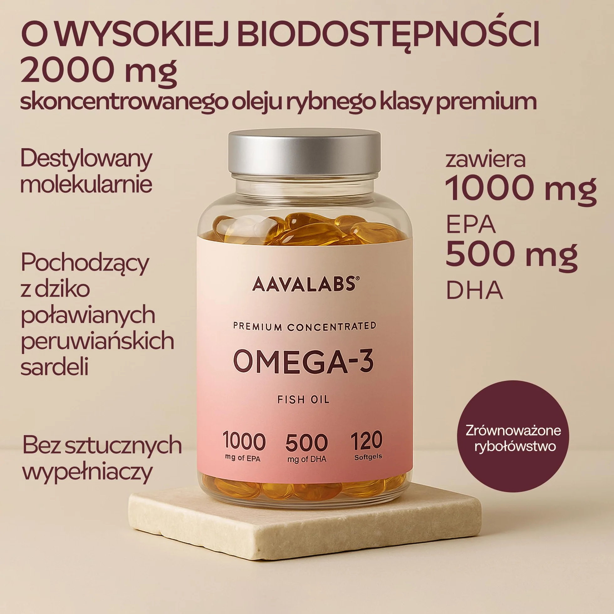 Omega 3 kapsułki o wysokiej dawce – 2000 mg oleju z ryb na dzień (2 kapsułki) – 1000 mg EPA + 500 mg DHA na dzień – skuteczne kwasy tłuszczowe omega-3 – zrównoważony połów – 120 kapsułek – na 60 dni