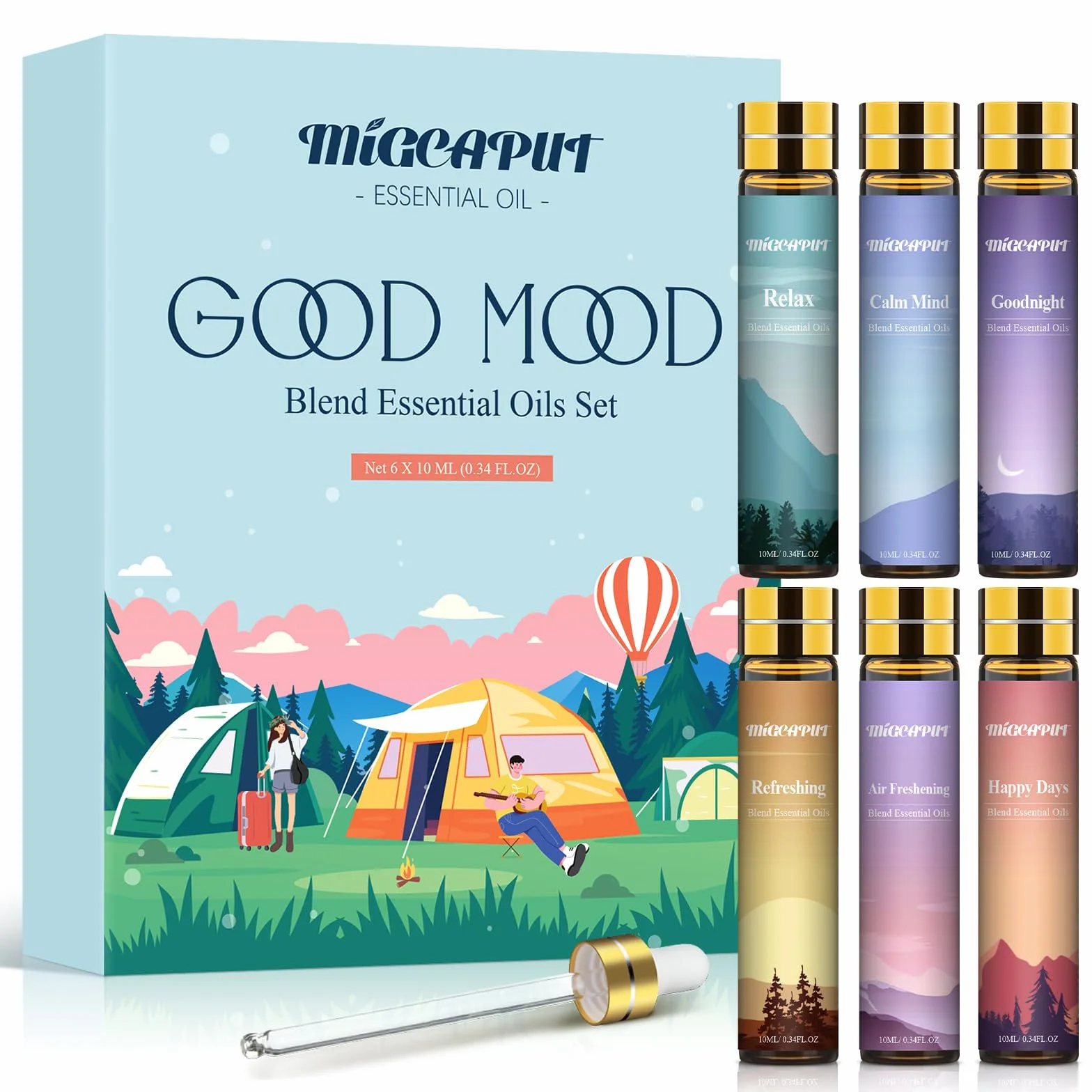 MIGCAPUT Dobry Nastrój Zestaw Olejków Eterycznych 6 x 10ML, Olejki Aromaterapeutyczne do Dyfuzory, Relaks, Odświeżenia Powietrza, Mydło i Świece DIY - Spokojny Umysł, Odświeżający, Dobranoc