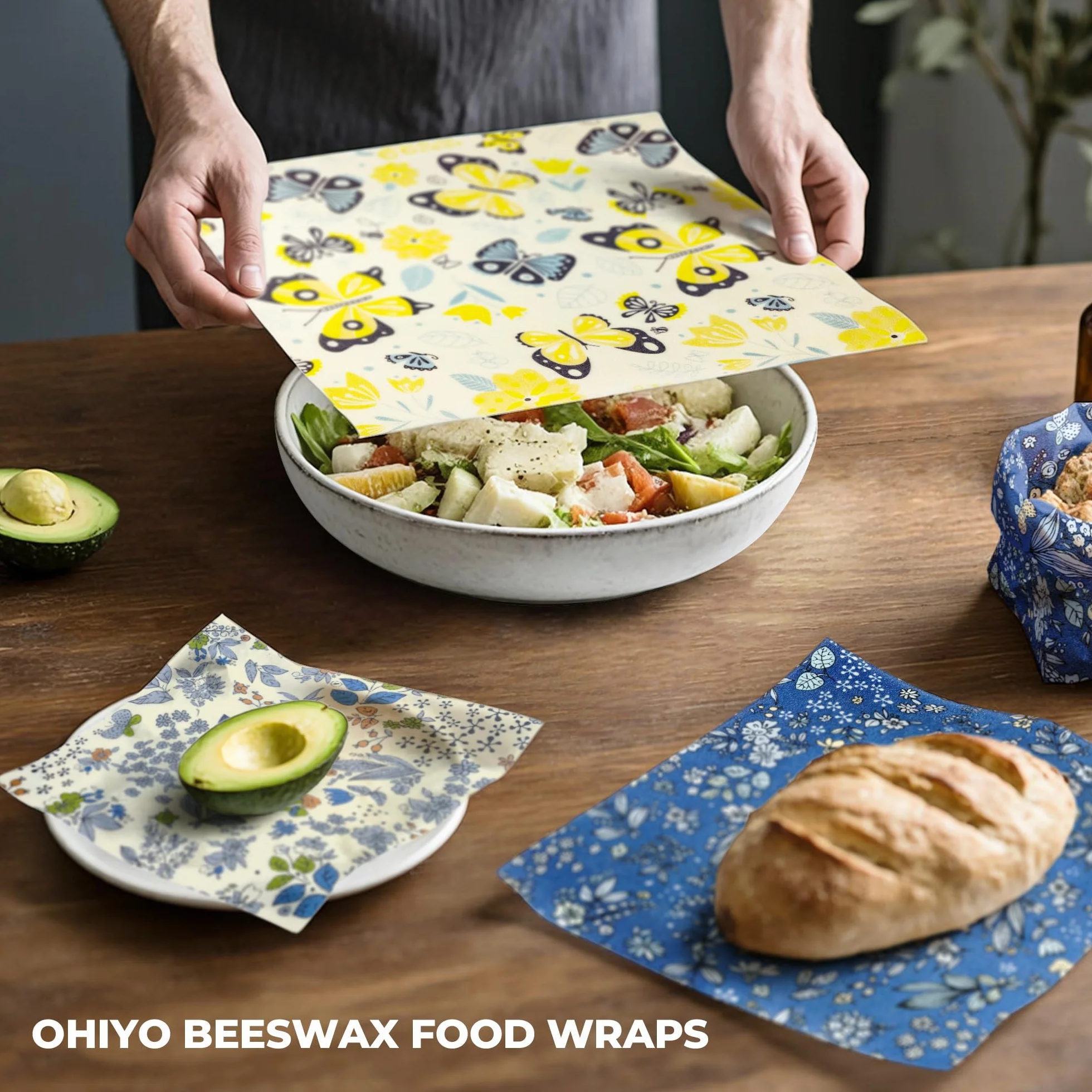 OHIYO Wielokrotnego użytku owijka z wosku pszczelego do żywności, 9-pak z bawełny organicznej z woskiem pszczelim (1XL + 3M + 5S), owijka do chleba i kanapek, nadaje się do misek, owoców, sera