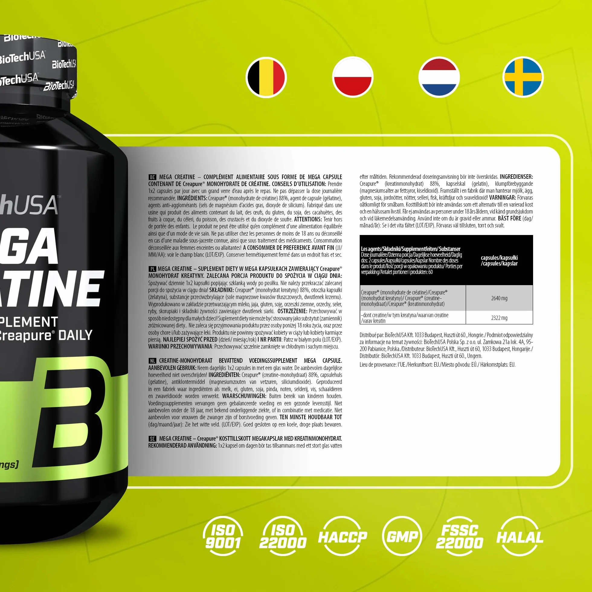BioTechUSA Mega Creatine Creapure® Monohydrat kreatyny 120 kapsułek wysokiej absorpcji bez laktozy i glutenu 60-dniowa dawka