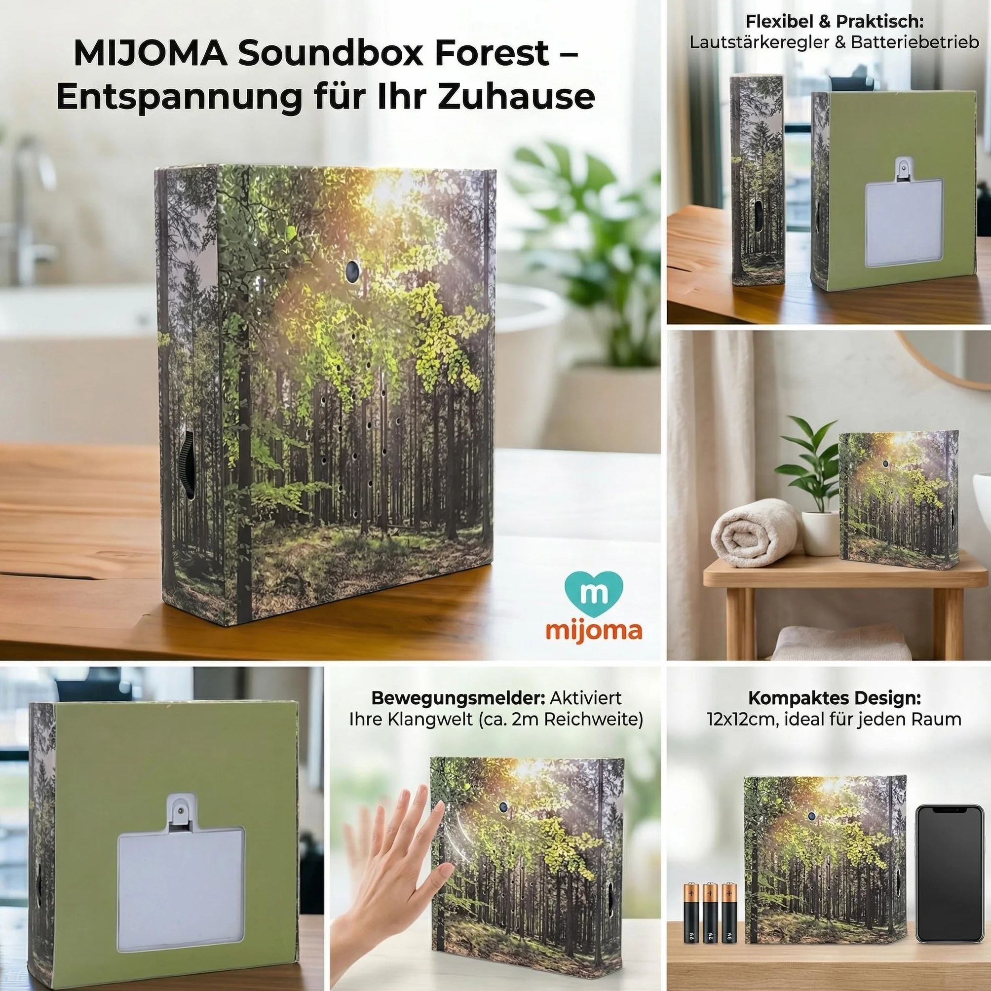MIJOMA Soundbox z śpiewem ptaków i leśną scenerią – kojący relaks w Twoim domu | głośnik, czujnik ruchu i przełącznik wł./wył. | idealny do łazienki, korytarza, biura i salonu | 12 x 12 cm (las)