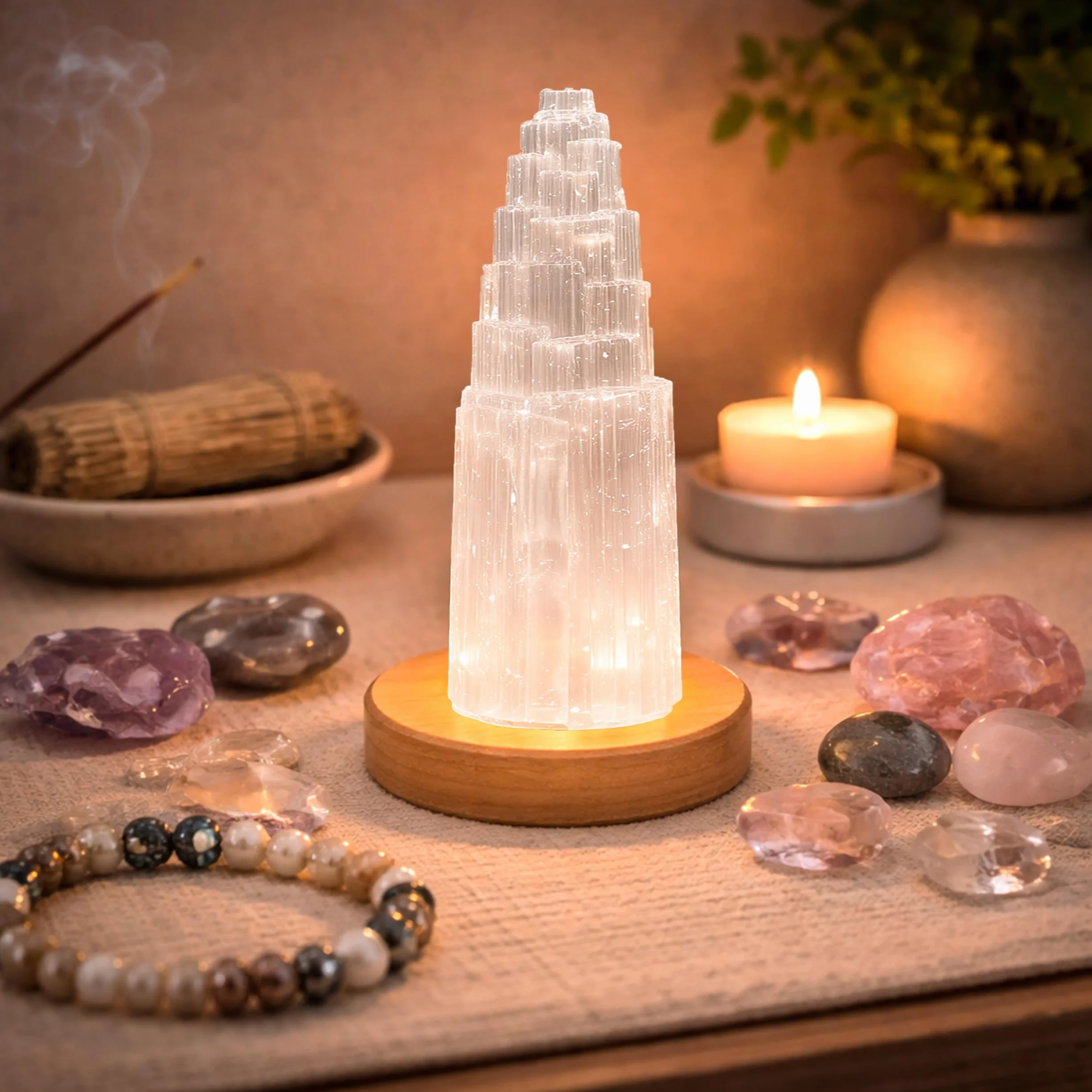 NKlaus Selenit Wieża energetyczna 20 cm – ręcznie wykonana kolumna z kamienia leczniczego do medytacji, Reiki i ochrony, idealna do harmonizacji przestrzeni i duchowego oczyszczania
