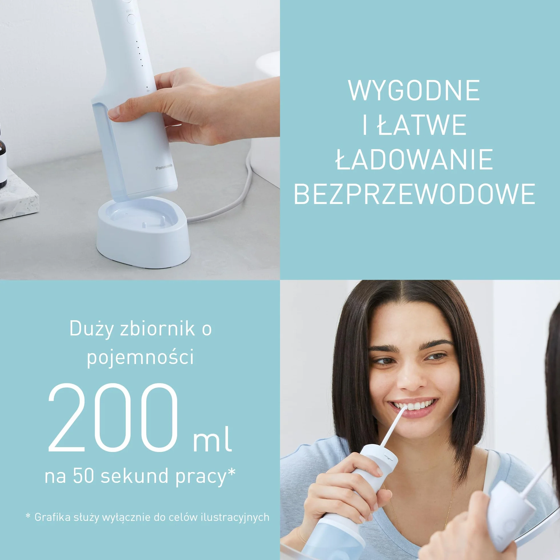 Panasonic Series 300 Irygator do Ust EW-DJ27-A303, Irygator do Zębów, 200 ml, IPX7, 4 Dysze, 5 Ustawień Ciśnienia, Akcesoria Podróżne, Niebieski