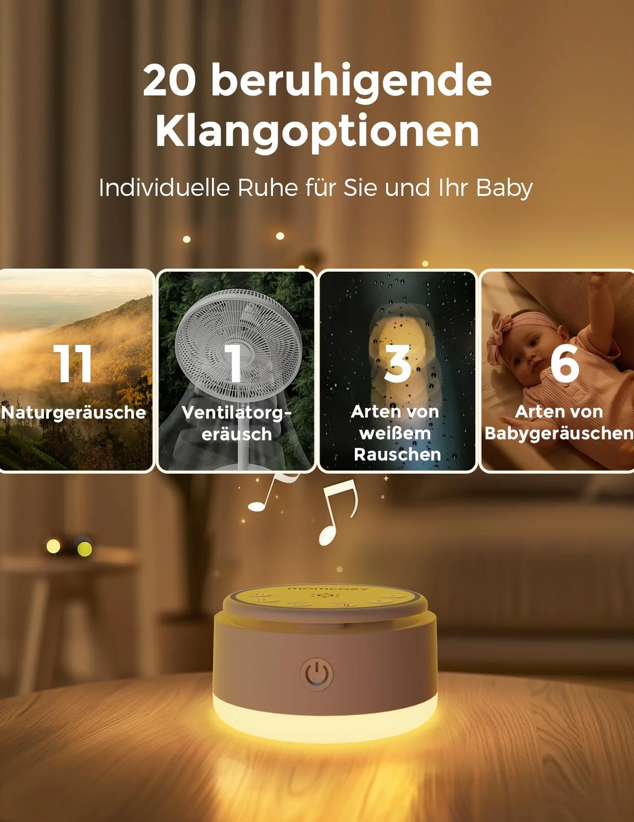 Momcozy Geräuschmaschine dla niemowląt 20 Kojących Dźwięków Dotykowe Światło Przenośny Biały Hałas Timer Do Zasypiania Żółty