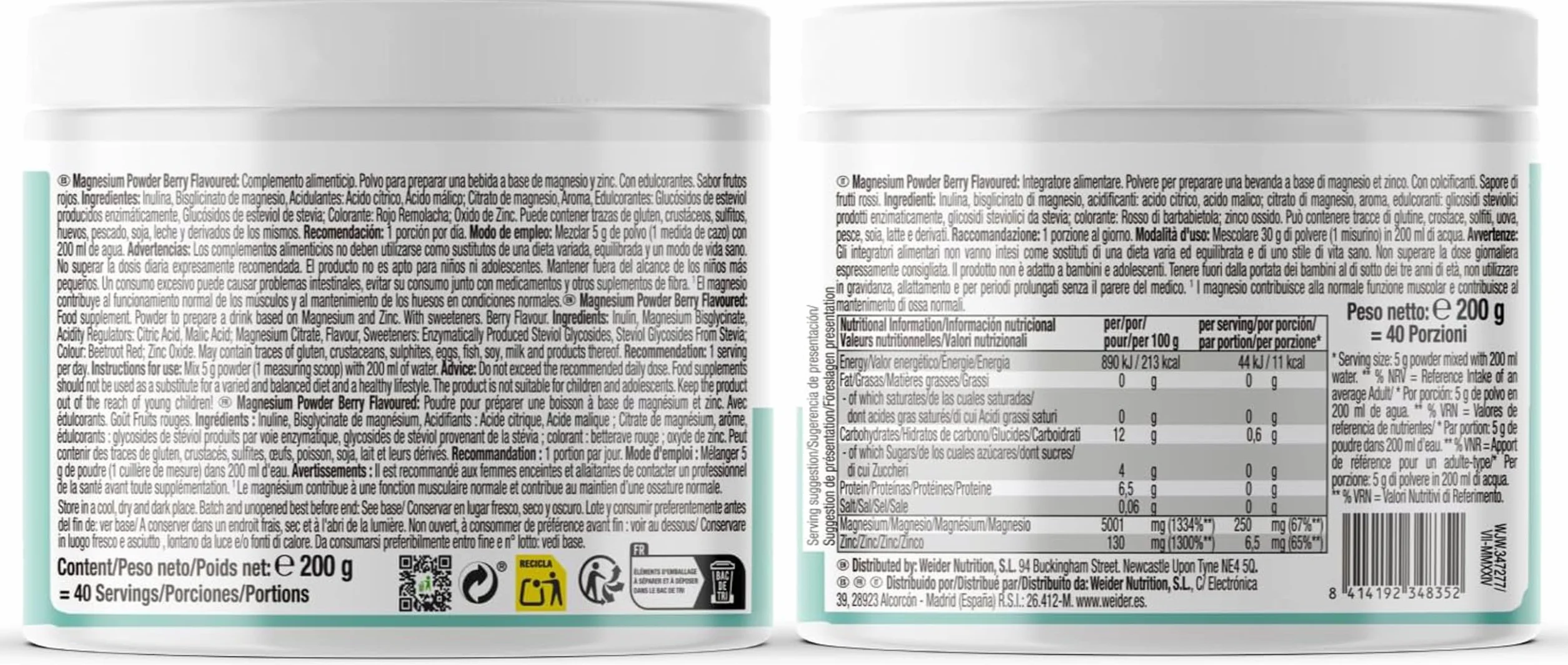 Weider Magnesium Powder (200 g), Smak Czerwone Owoce, 250 mg na Porcję, Magnez w Proszku (Bisglicynian i Cytrynian) z Cynkiem, Wspiera Mięśnie i Kości, Redukuje Zmęczenie, Bez Dodatku Cukru, Wegański