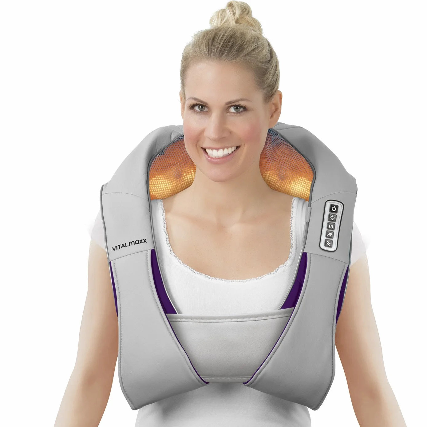 VITALmaxx Shiatsu masażer karku wraz z paskiem mocującym, urządzenie do masażu z ciepłem ramion, karku, pleców i nóg, 3 w 1, masaż ugniatający, masaż wibracyjny i terapia cieplna, z masażem 3D