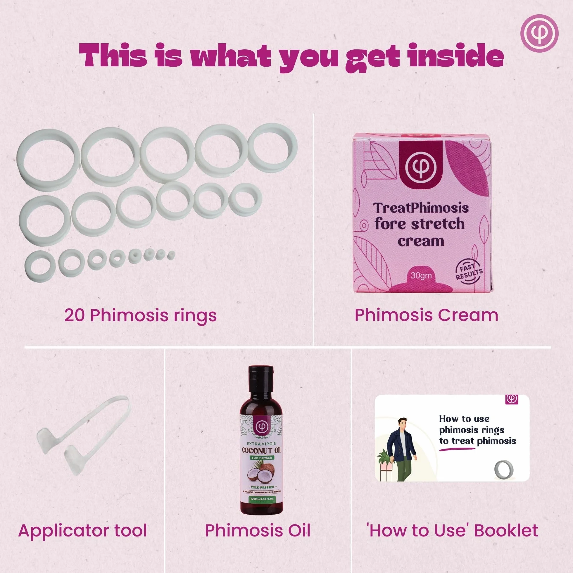 Zestaw Phimosis Pro z 20 x pierścieni Phimosis, 1 x kremem do Phimosis, 1 x olejkiem do Phimosis, 1 x arkuszem śledzenia, 1 x broszurą "Jak używać" | Zestaw domowy do Phimosis | Sprawdzone efekty |