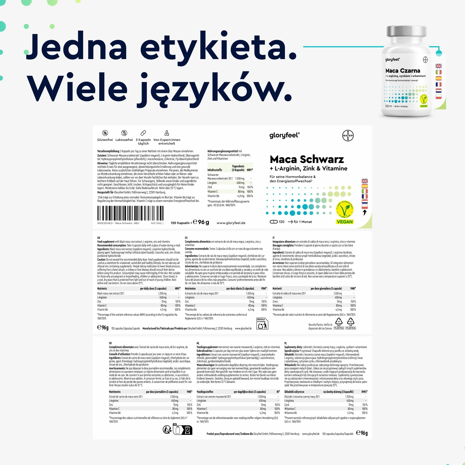 Maca Czarna wysoka dawka - 27 000mg czystego proszku maca (ekstrakt 20:1) - z L-argininą, witaminą B6, C i cynkiem - 100% wegańskie, testowane laboratoryjnie i wyprodukowane w Niemczech bez dodatków