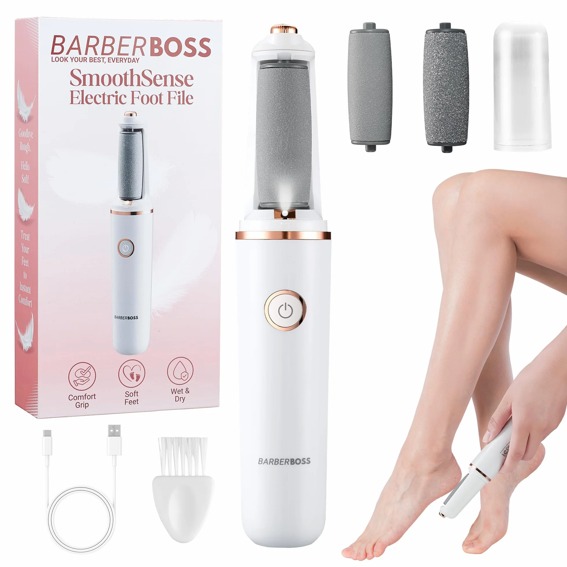 BarberBoss Elektryczny pilnik do stóp, narzędzie do usuwania zrogowaciałych stóp, zestaw do pedicure, cienkie i grube głowice rolkowe, ładowanie USB, nasadka ochronna, przyrząd usuwania, QR-5101
