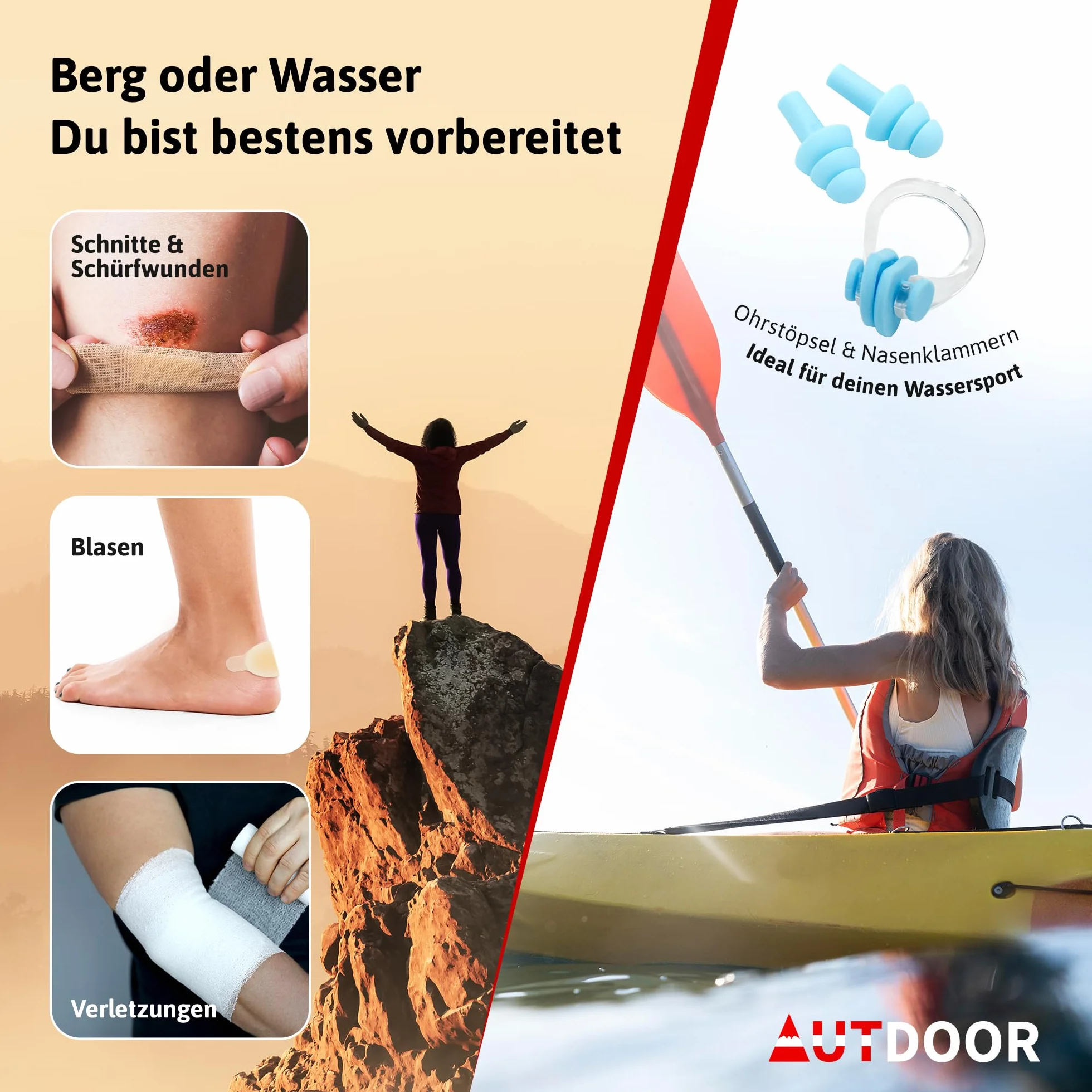 AUTDOOR® Zestaw pierwszej pomocy do użytku na zewnątrz – DIN13167 – wodoszczelny i lekki – opracowany przez lekarzy – apteczka na wędrówki, wspinaczkę, sporty wodne