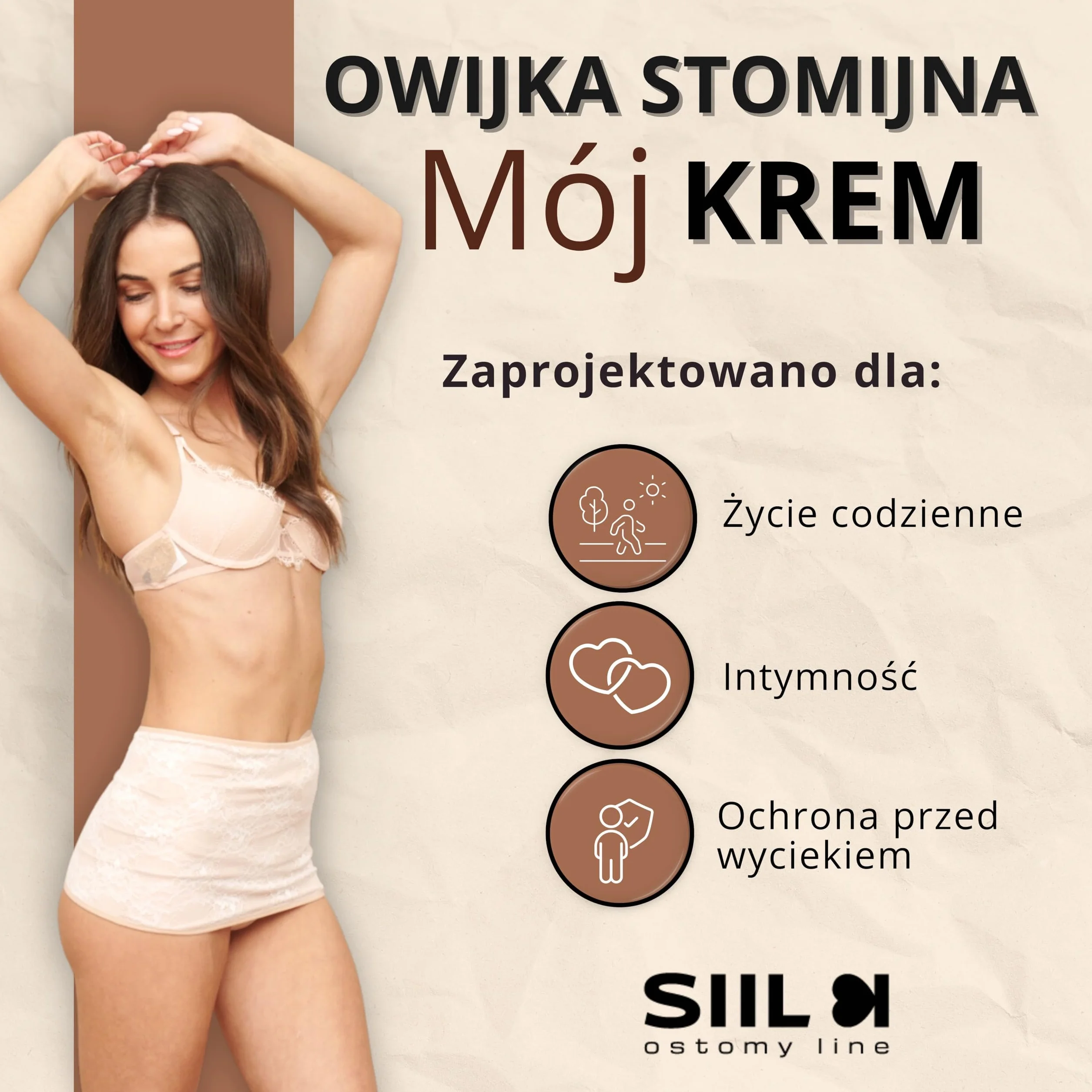 Owijka stomijna Kremowa | SIIL Ostomia | Uchwyt na worek kolostomijny wewnątrz | Pas stomijny | Pokrowiec na worek stomijny