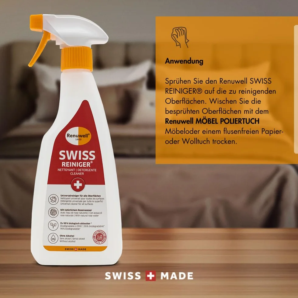 Renuwell Swiss środek czyszczący, 500 ml – silne delikatne czyszczenie bez alkoholu, usuwa tłuszcz, brud i osady, do drewna, tworzywa sztucznego, metalu i kamienia, szwajcarska jakość