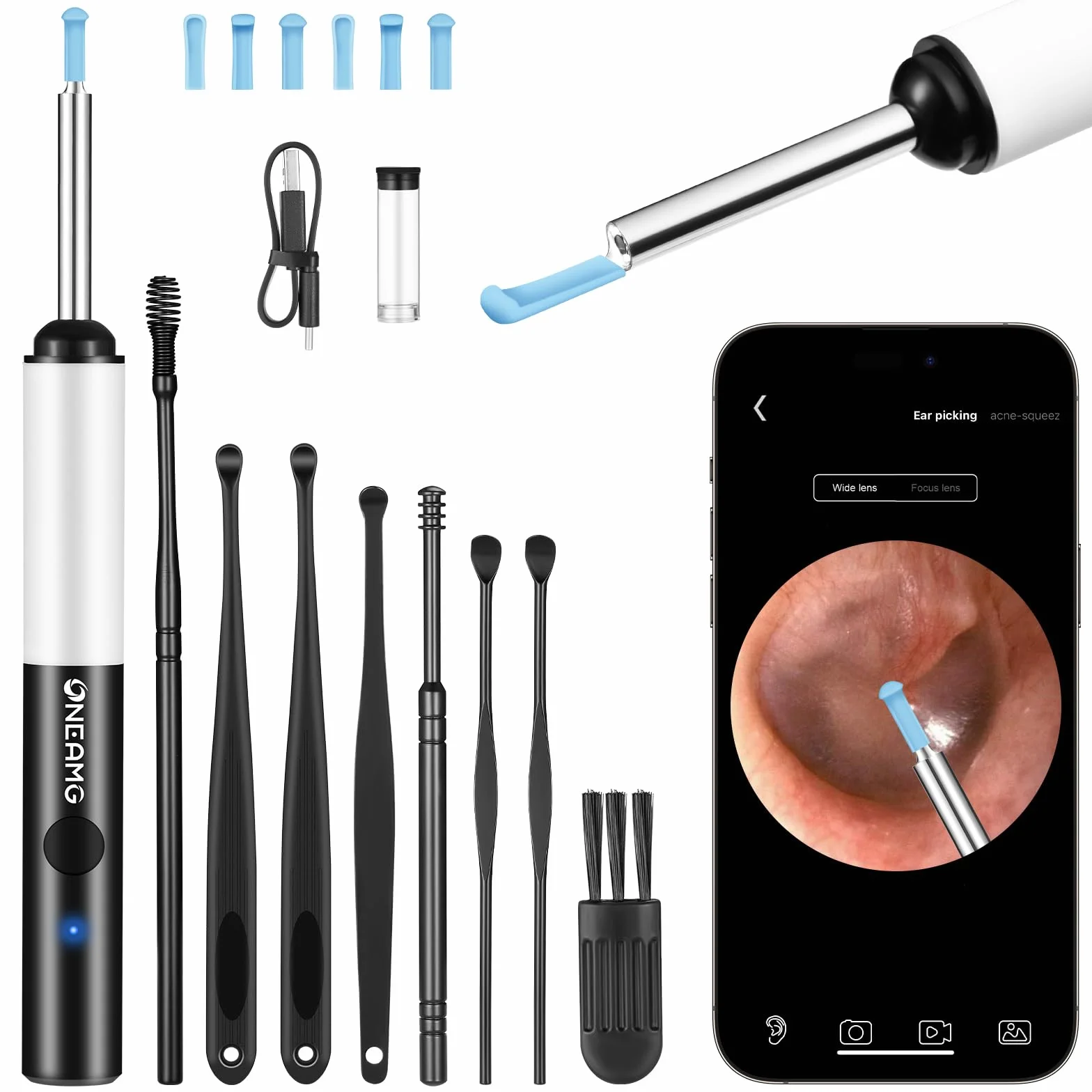 Otoskop do usuwania woskowiny usznej, 1920p HD Otoskop z 6 diodami LED, wodoszczelność IP67, WiFi, urządzenie do czyszczenia uszu z aparatem, urządzenie do czyszczenia uszu dla dorosłych,