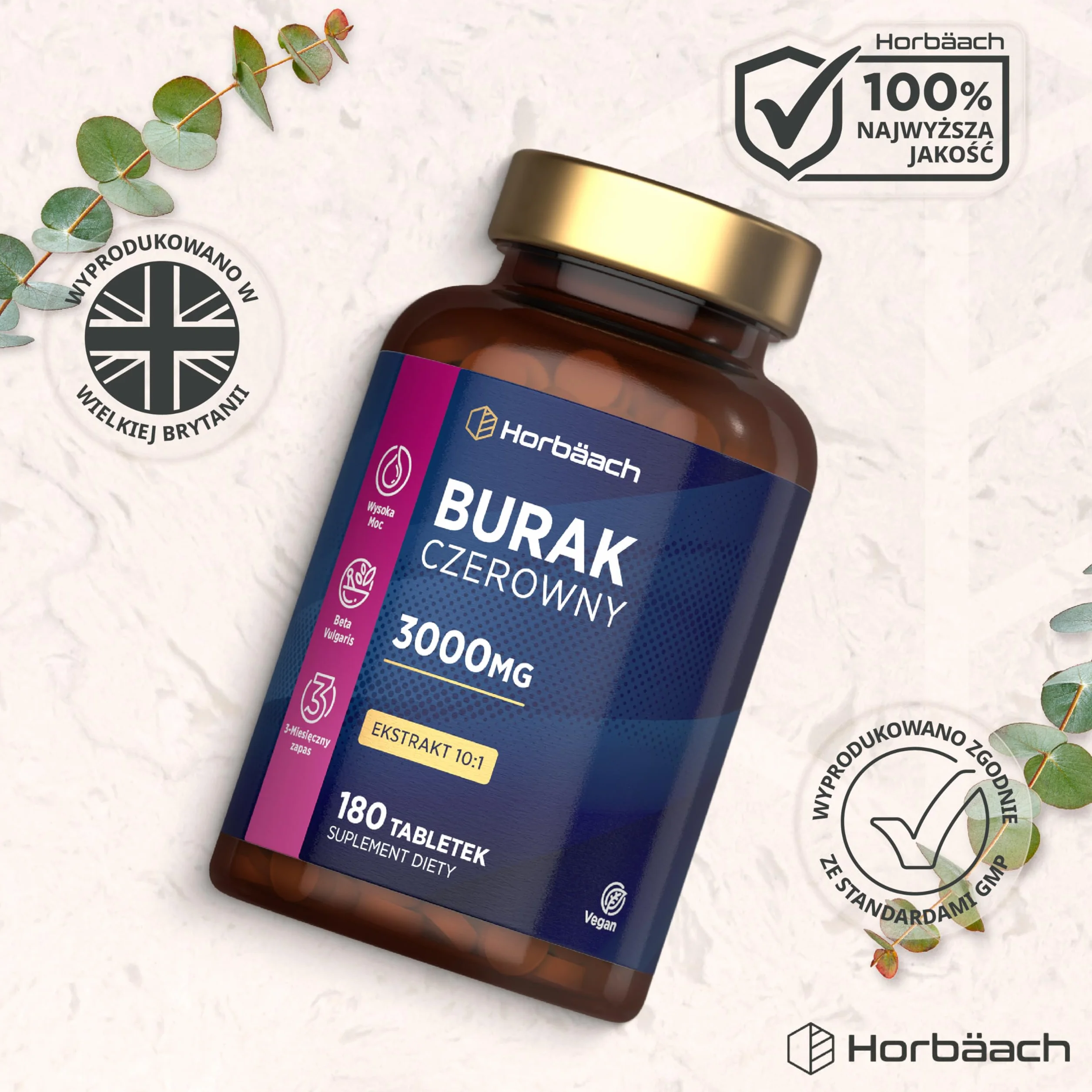 Burak Tabletki 3000mg Ekstrakt 10:1 Suplement Horbaach 180 Tabletek Wegańskich