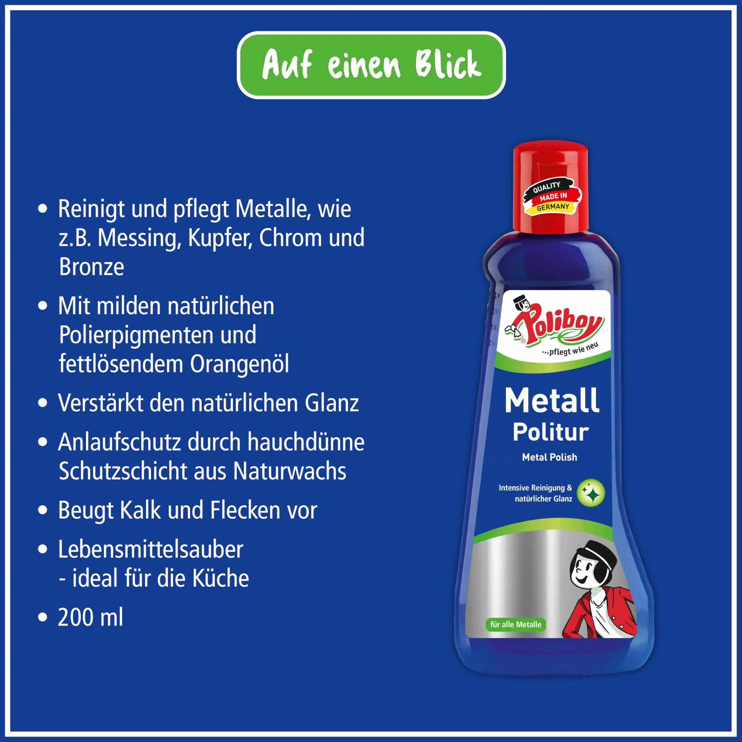 POLIBOY politura do metalu – środek do polerowania błyszczących metali – środek do pielęgnacji metalu z ochroną przed matowieniem – 1 x 200 ml – Made in Germany