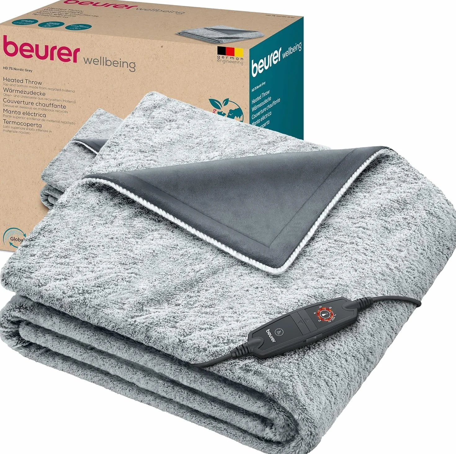 Beurer HD 75 Nordic Grey koc rozgrzewający 180 x 130 cm 6 ustawień temperatury automatyczne wyłączanie