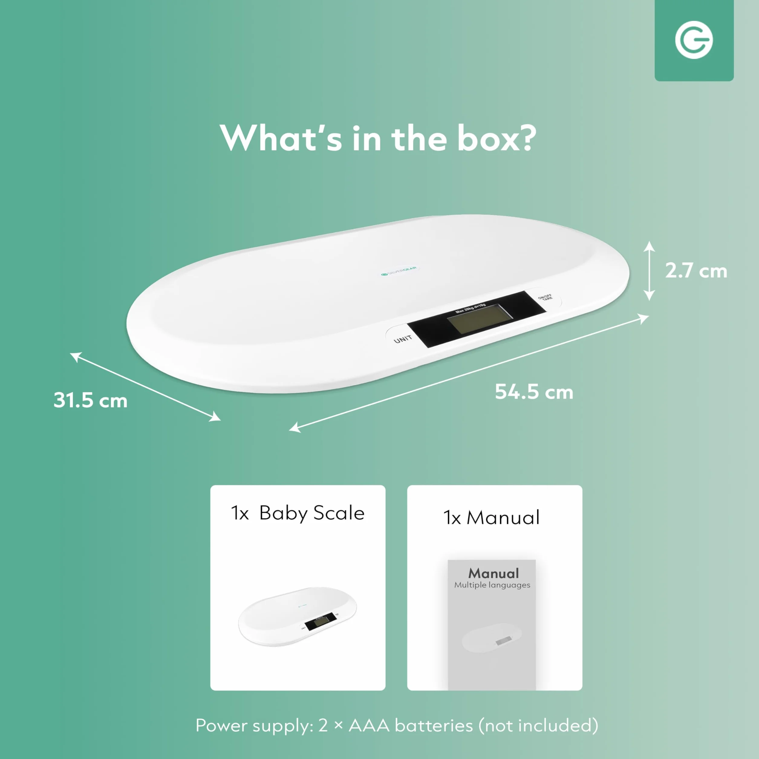 Silvergear Inteligentna waga dla niemowląt z Bluetooth | cyfrowa waga dla niemowląt z aplikacją dla noworodków, dzieci, zwierząt domowych | precyzyjny pomiar do 20 kg | aplikacja Smart Life | 54,5 x