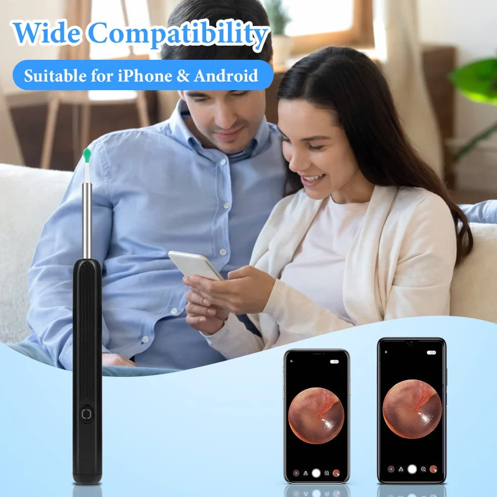 ACWOO Otoskop endoskop, Otoskop cyfrowy, endoskop do uszu, aparat uszy 1296P WIFI oczyszczacz uszu z 6 diodami LED, 4,5 mm HD endoskop ucha, zestaw do czyszczenia uszu dla iOS i Androida (czarny)