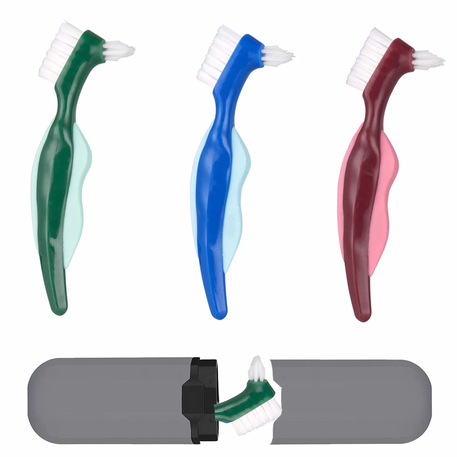 3 sztuki twardych szczoteczek do protez, szczotka do pielęgnacji jamy ustnej, twarda szczotka do protez, podwójna szczotka do protez, z przenośną torbą do noszenia, wielowarstwowa szczotka do protez do pielęgnacji protez
