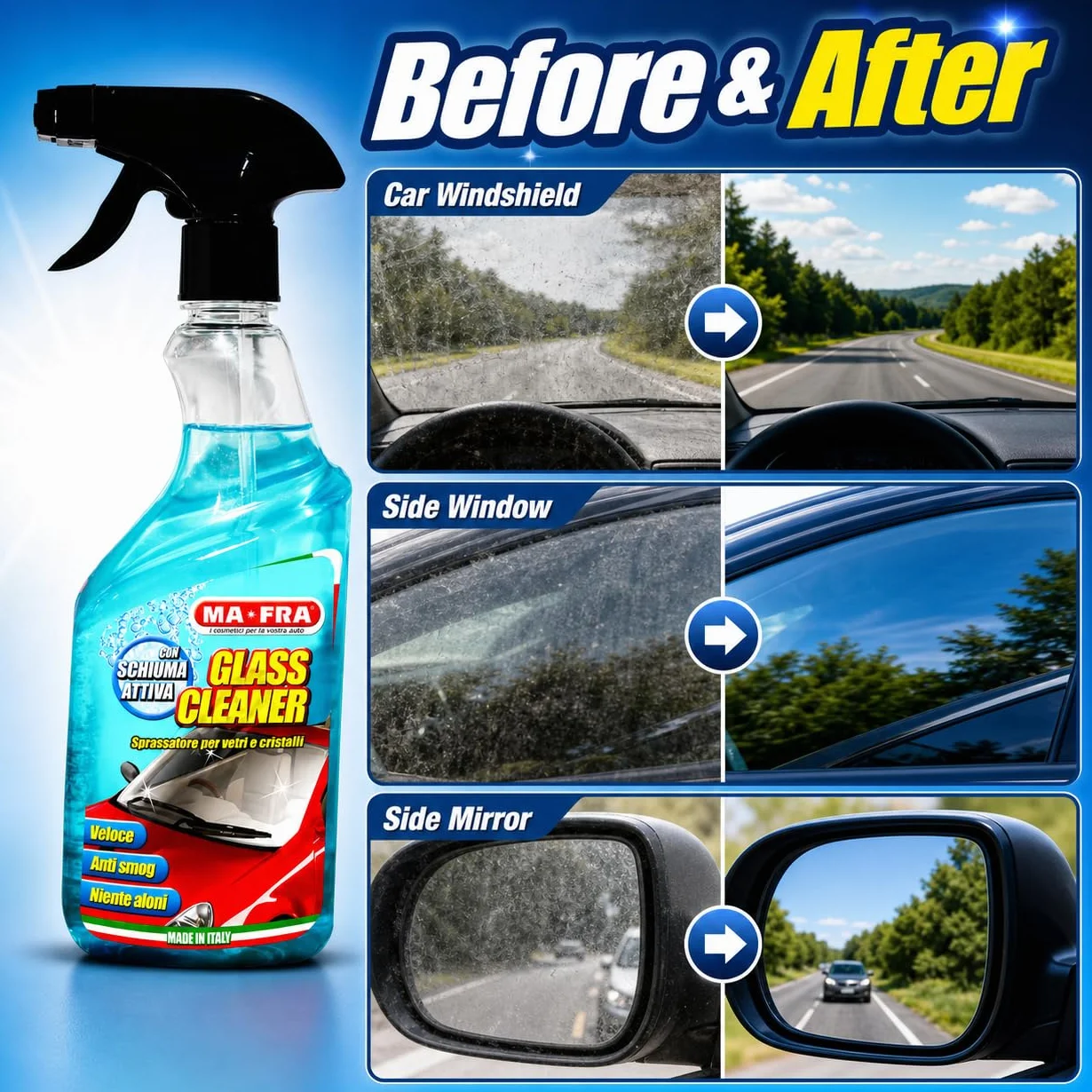 MA-FRA Glass Cleaner Trigger 500 ml — Profesjonalny środek do czyszczenia szyb samochodowych, szybkie czyszczenie bez aureoli, maksymalna przezroczystość kryształów, szyb przednich i lusterek