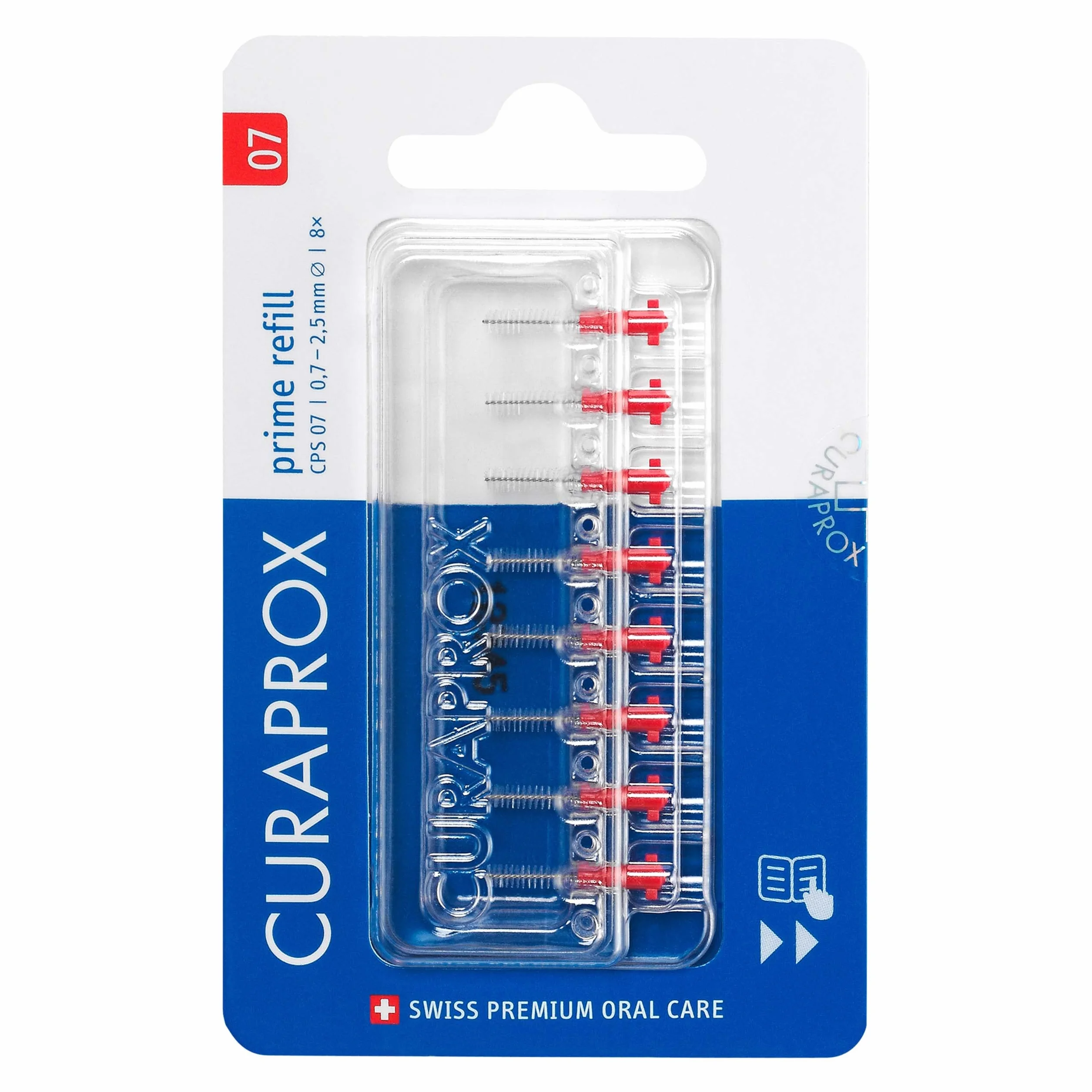 Curaprox Interdental Brush Wkłady CPS 07 Prime-ISO Rozmiar 1, Czerwony/Ultra-Fine filamenty do skutecznego czyszczenia szczelin szczelinowych / 8-Pack/Made in Switzerland/English Packaging