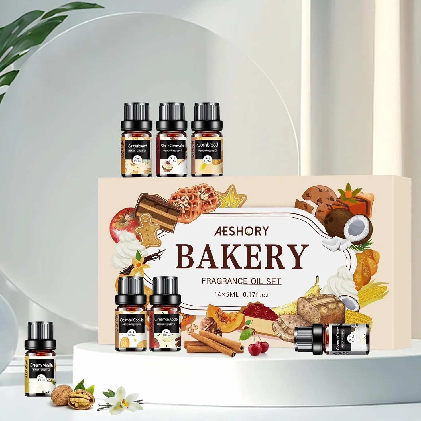 Aeshory 14 x 5 ml Zestaw Olejków Eterycznych Do Piekarni – Olejki Zapachowe Do Dyfuzorów – Ciasto Dyniowe, Ciasto Kawowe, Ciasteczka Owsiane, Pierniki, Jabłko Z Cynamonem