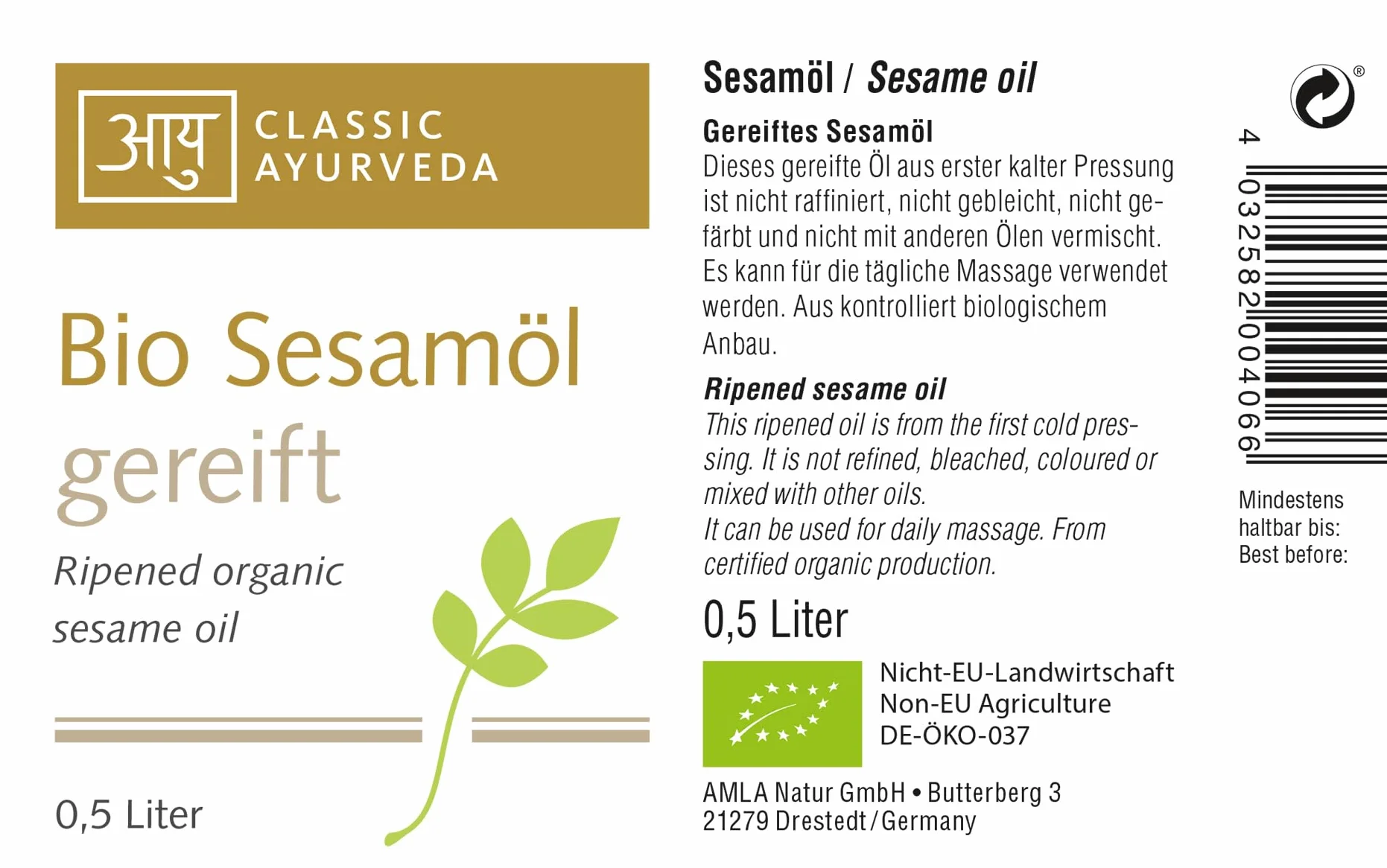 Classic Ayurveda Olejek do masażu dojrzały ekologiczny olej sezamowy 500 ml
