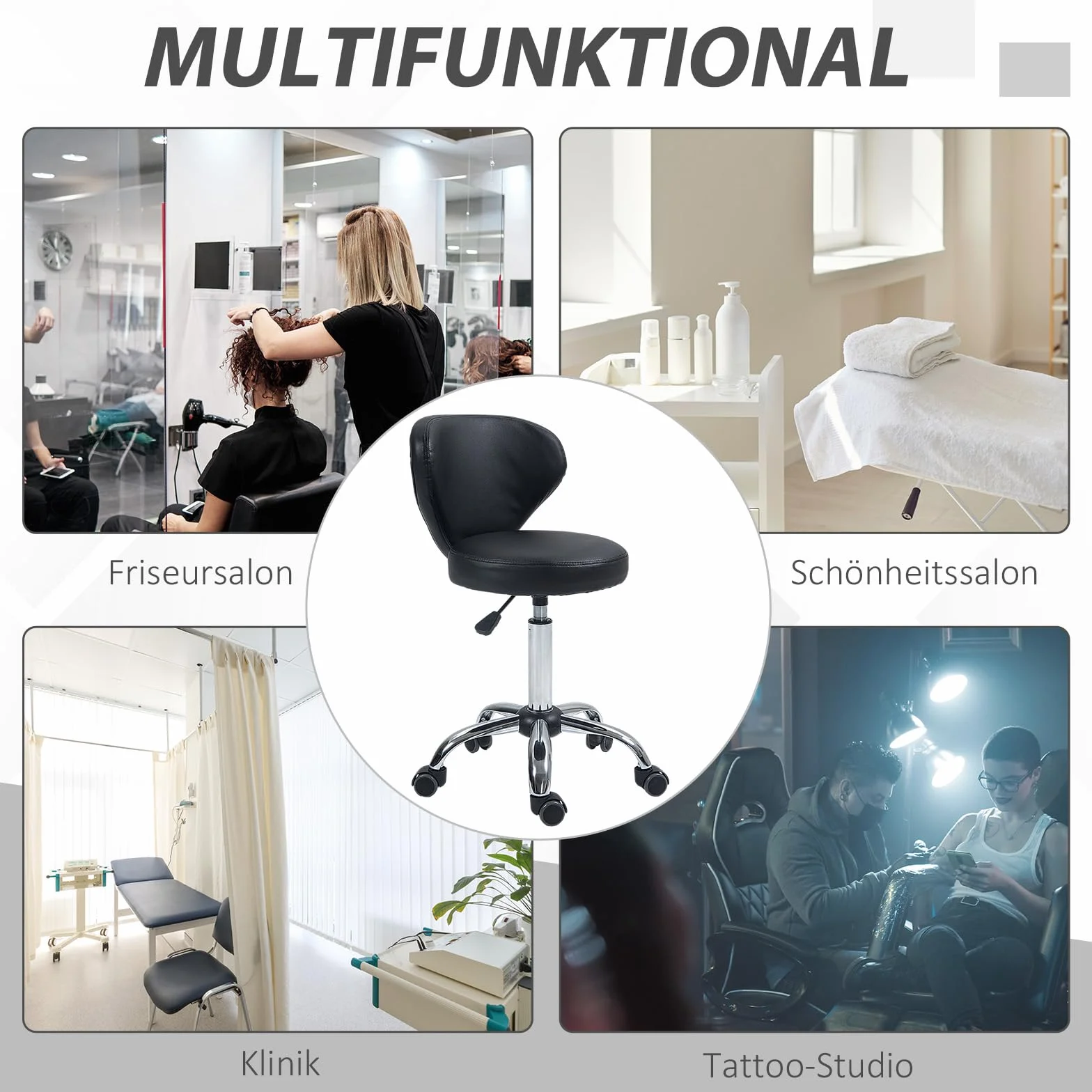 HOMCOM Taboret na kółkach z regulacją wysokości, obrotowy taboret do salonu z oparciem, kółkami, taboret roboczy do biura, salonu, ze sztucznej skóry, 45 x 54 x 73-88 cm, czarny