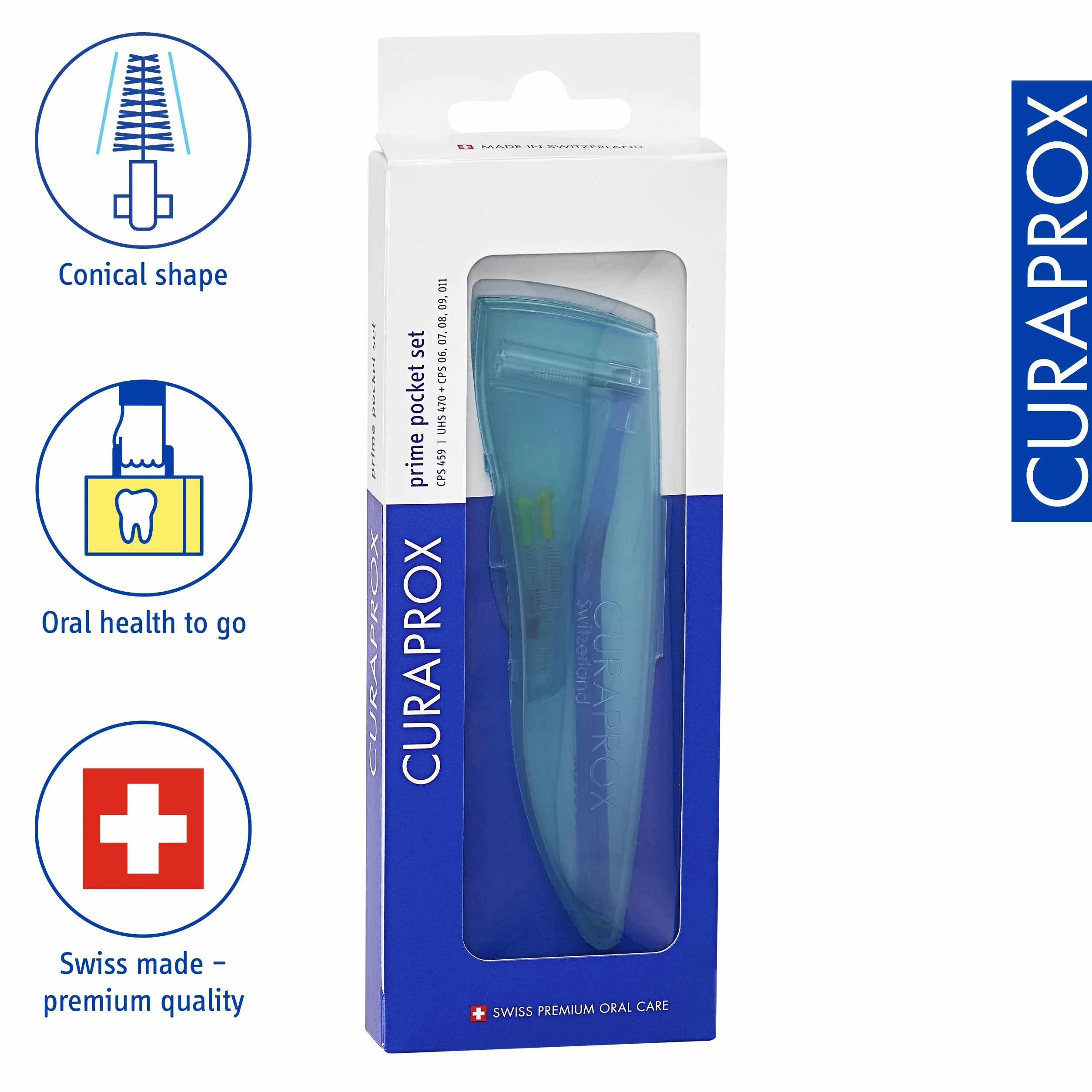 Curaprox Zestaw Szczotek międzyzębowych CPS 459 Prime Pocket Kit-do skutecznego czyszczenia wąskich przestrzeni/zawiera uchwyt i 5 rozmiarów szczotek/Made in Switzerland