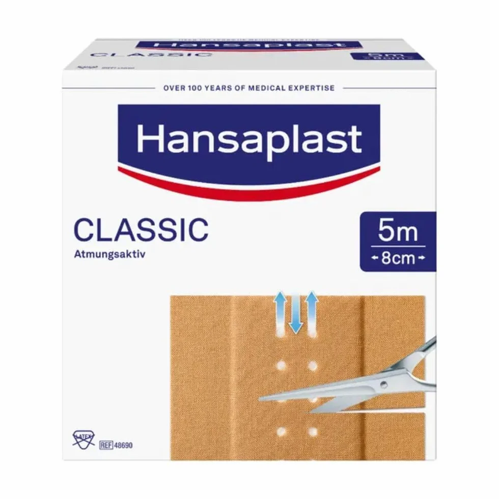 Hansaplast Plastry Classic (5 m x 8 cm), plastry na rany z możliwością przycięcia, o bardzo dużej sile klejenia, elastyczny i oddychający materiał opatrunkowy