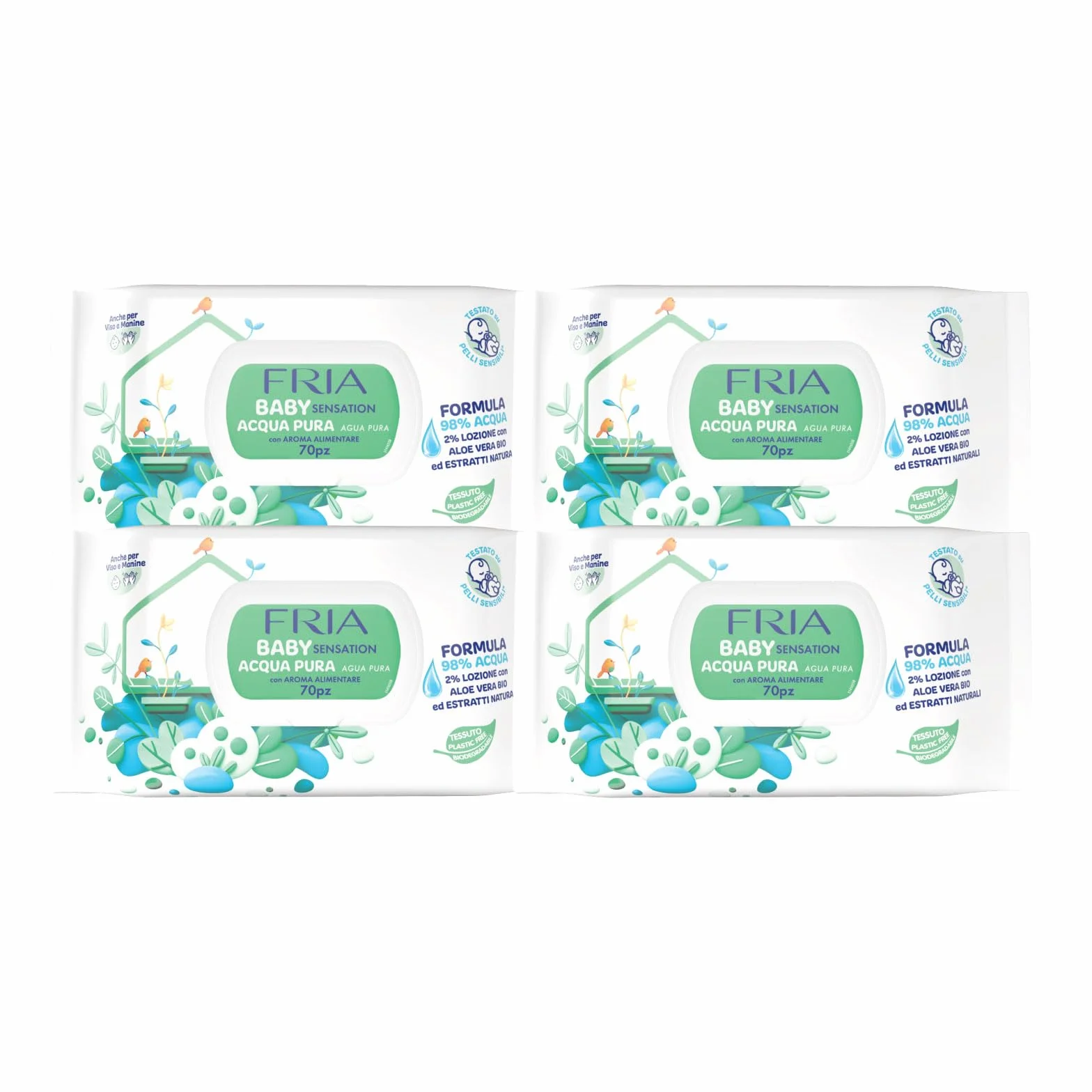 Fria Baby Sensation czysta woda Chusteczki do zmiany pieluch, formuła z 98% oczyszczoną wodą o działaniu oczyszczającym skórę, testowane dermatologicznie, 70 chusteczek