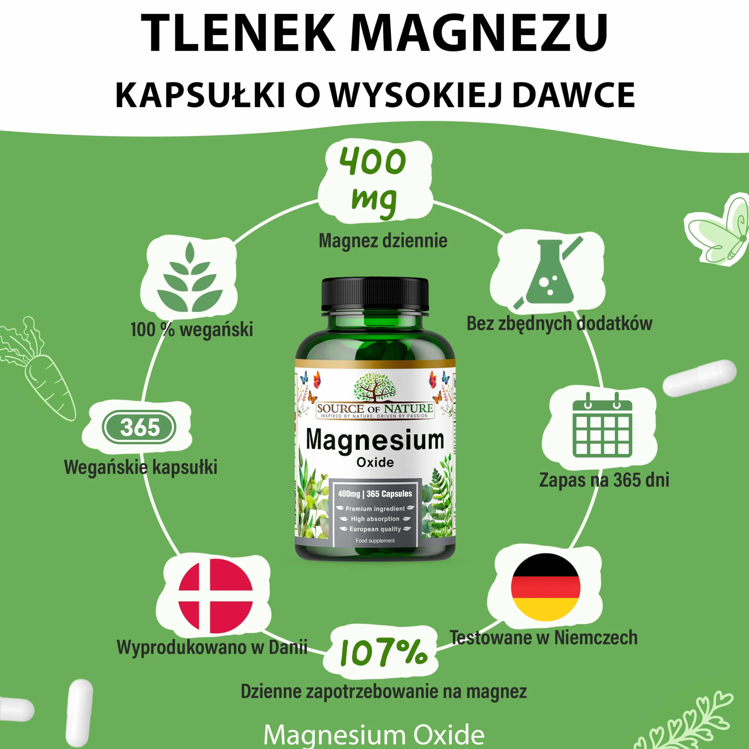 Tlenek Magnezu 665 mg | 400 mg Magnezu Elementarnego | 365 Kapsułek Wegańskich | Wysoka Dawka | Roczny Zapas | Source of Nature