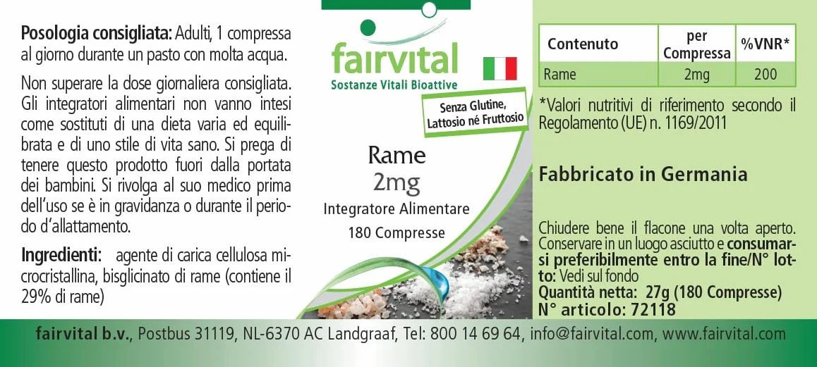 Fairvital | Miedź 2mg – 180 tabletek – bisglicynian miedzi – sprawdzona jakość i wysoka dawka – 100% wegański – wyprodukowany w Niemczech