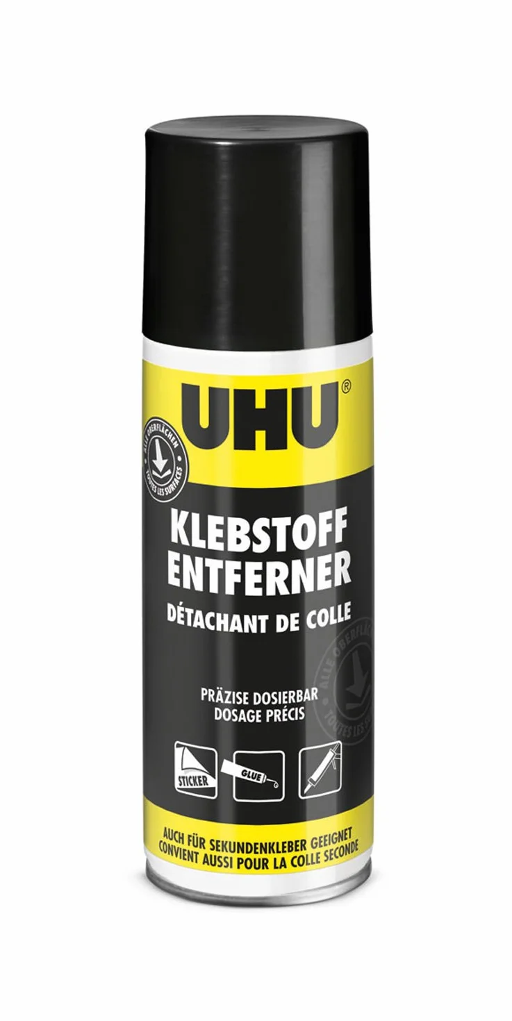 UHU Środek do usuwania kleju, spray w sprayu, super mocny i skuteczny do usuwania pozostałości kleju i farb, plam olejowych lub tłuszczu, 200 ml