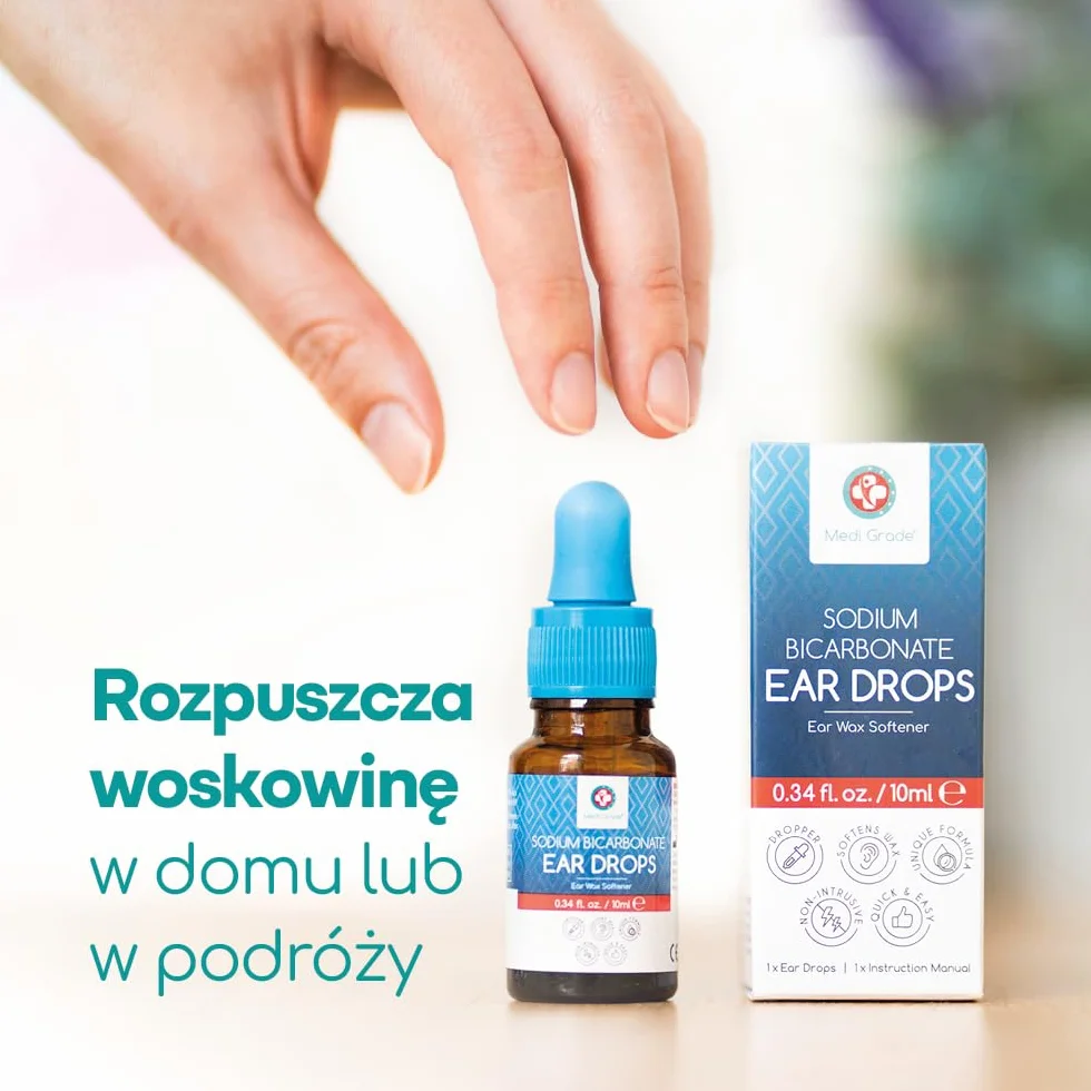 Medi Grade Krople do Uszu z Wodorowęglanem Sodu – Krople do Rozpuszczania Woskowiny z Kroplomierzem do Łatwej Aplikacji – Preparat do Czyszczenia Uszu do Zmiękczania i Usuwania Woskowiny w Domu
