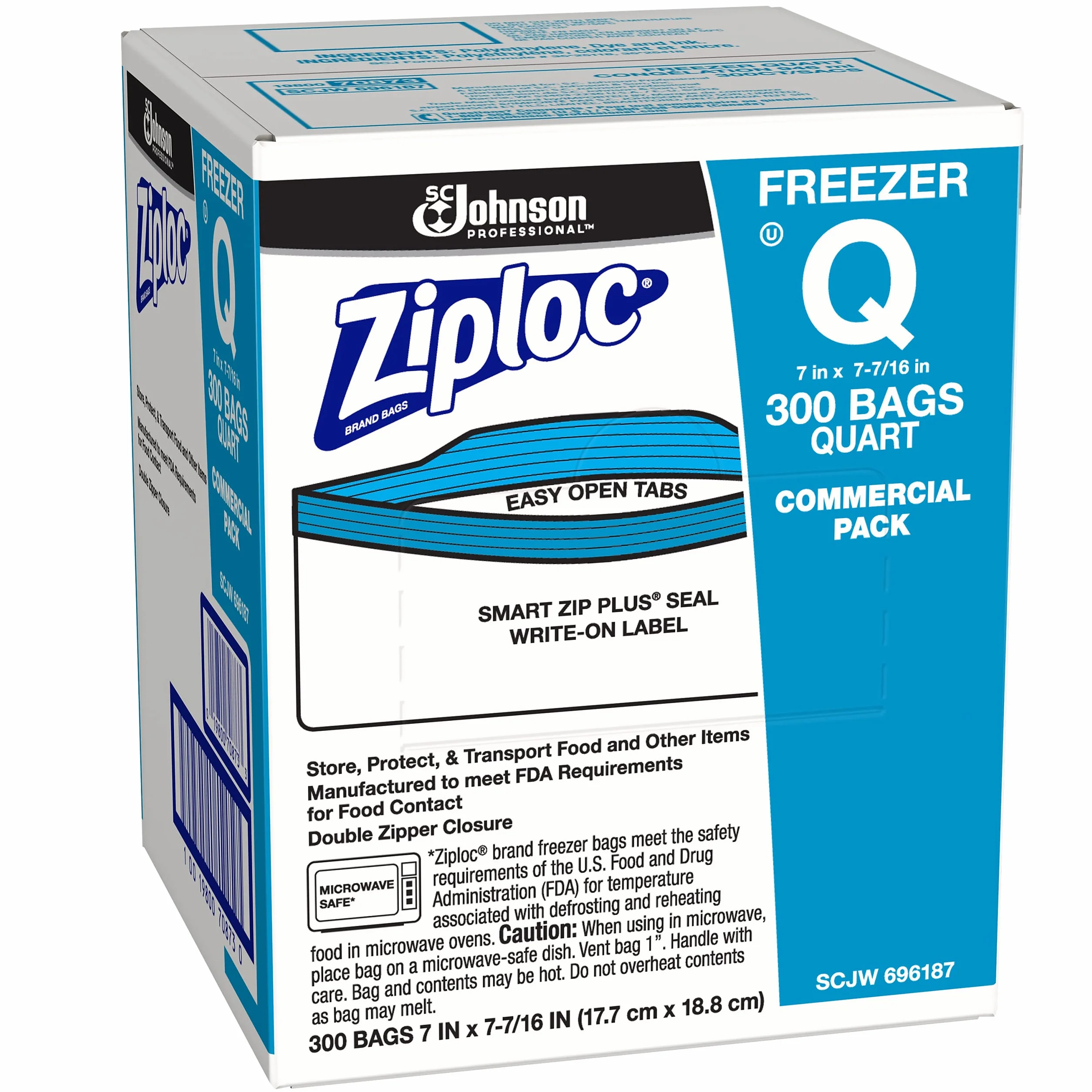 Ziploc Torby do zamrażarki z podwójnym zamkiem błyskawicznym, 1 qt, 2,7 mil, 7 x 7 3/4, przezroczyste, 300/karton
