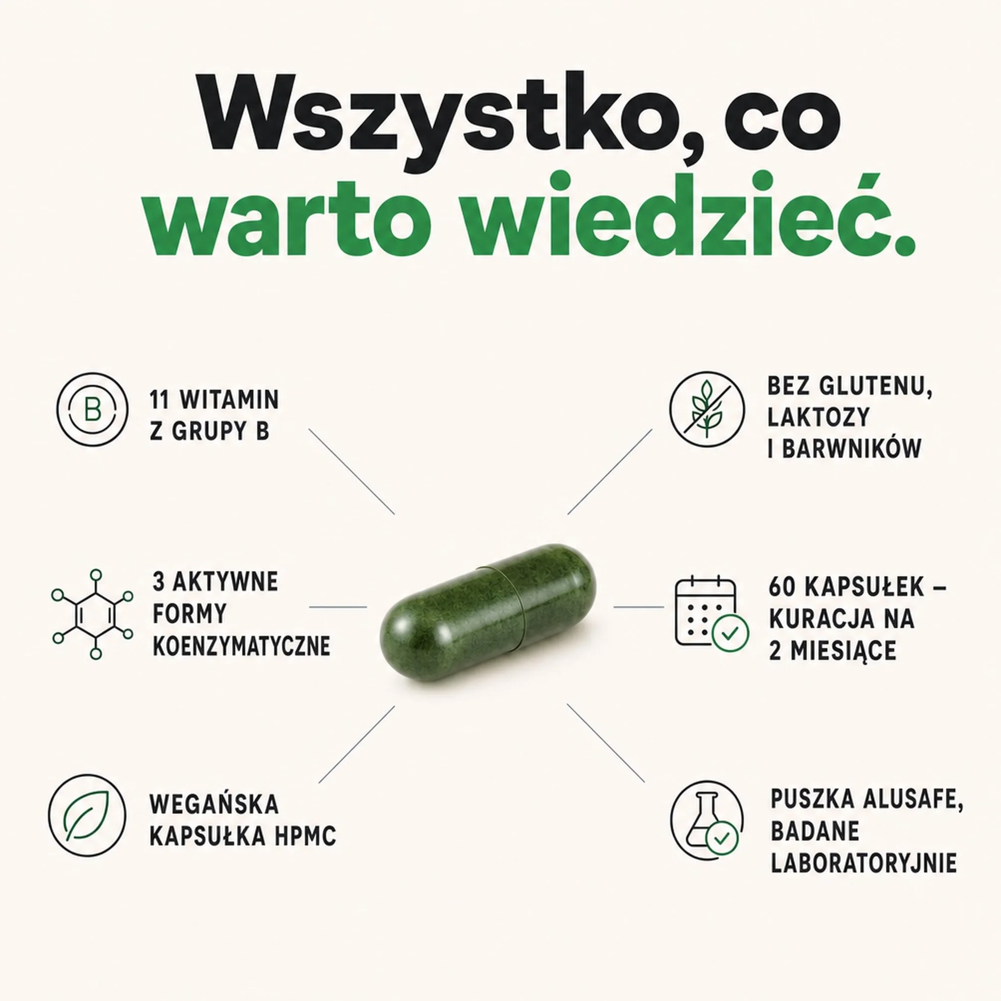 Witamina B Complex Wysoka Dawka – Wszystkie 11 Witamin B + 3 Aktywne Formy (Metylokobalamina, Folian, P-5-P) – Dla Energii, Układu Nerwowego i Psychiki – Wegańska, Bez Dodatków (60 Kaps., 2 Miesiące)